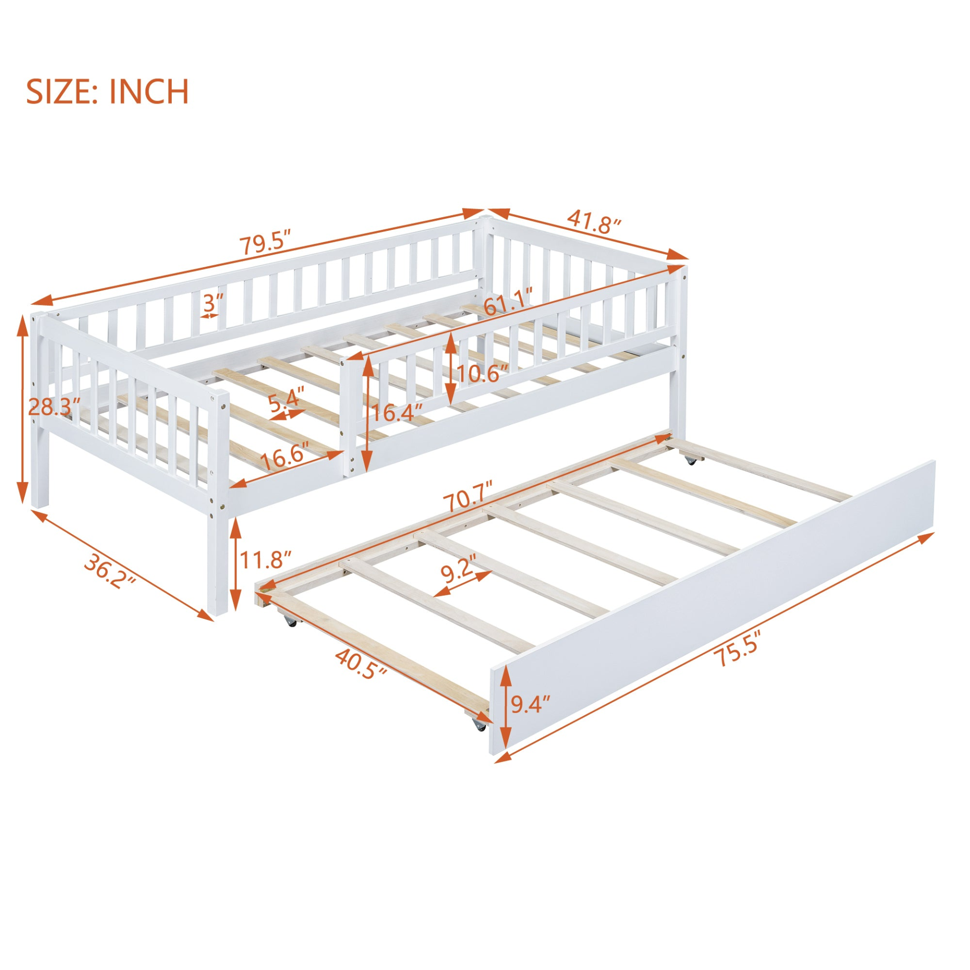 Start2Finish wood daybed with trundle and fence guardrails, suitable for home, guest, or kids&