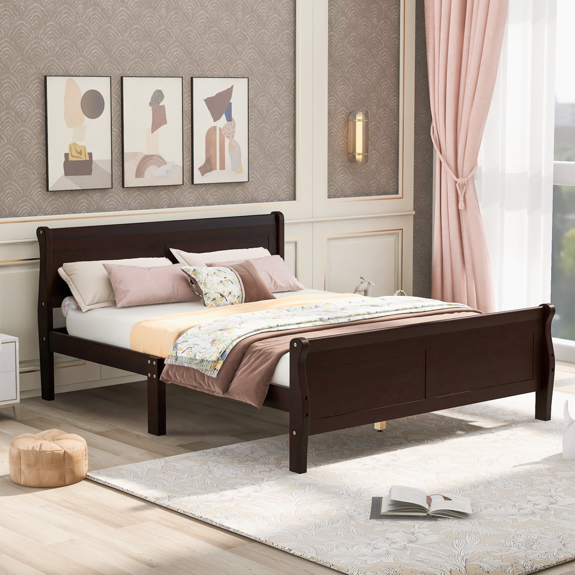 Full size wood platform bed with headboard and wooden slat support, by Start2Finish, shown with a mattress.