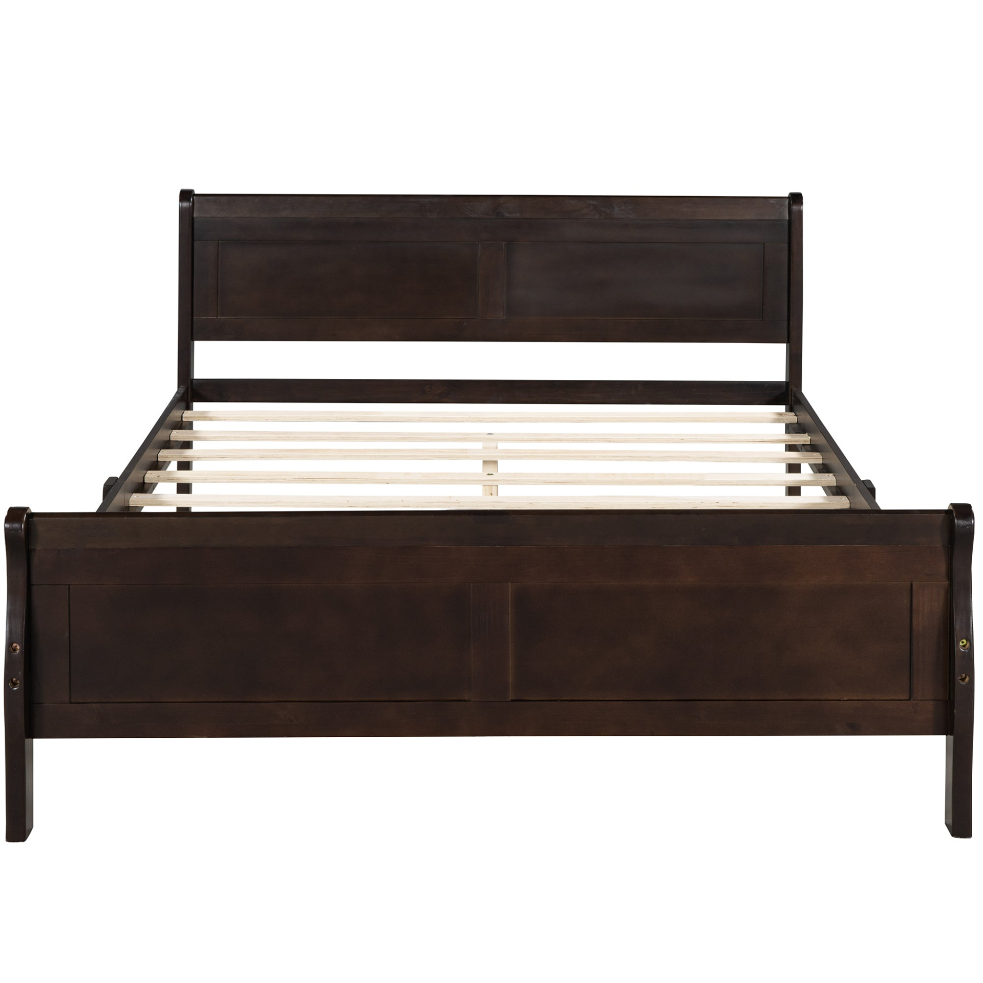 Start2Finish full size wood platform bed with headboard and wooden slat support for mattress, showcasing the sturdy frame and natural wood finish.