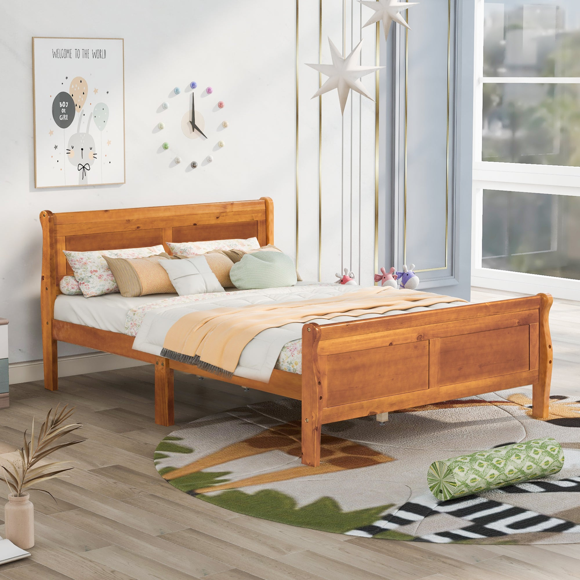 Start2Finish full size wood platform bed with headboard and wooden slat support for mattress, showcasing the sturdy wooden construction.