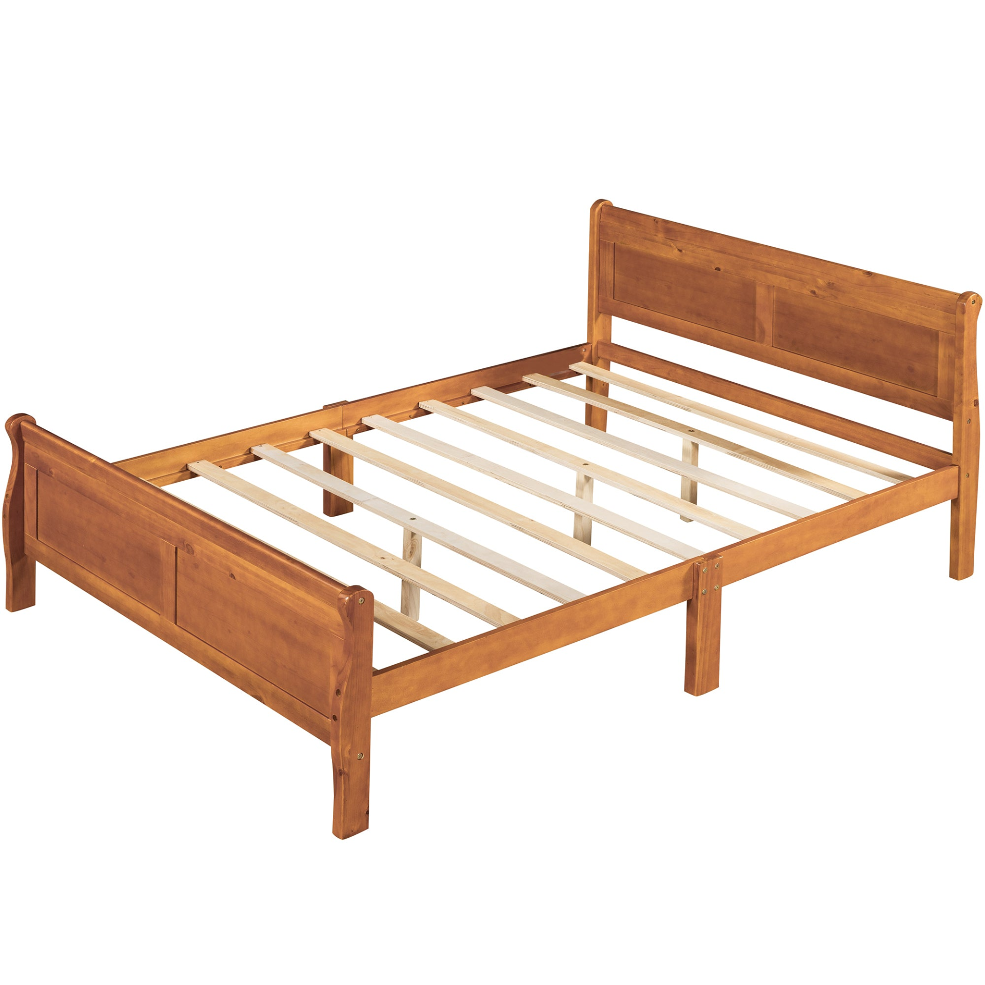 Start2Finish full size wood platform bed with headboard and wooden slat support, showcasing a sturdy bed frame and natural wood finish.