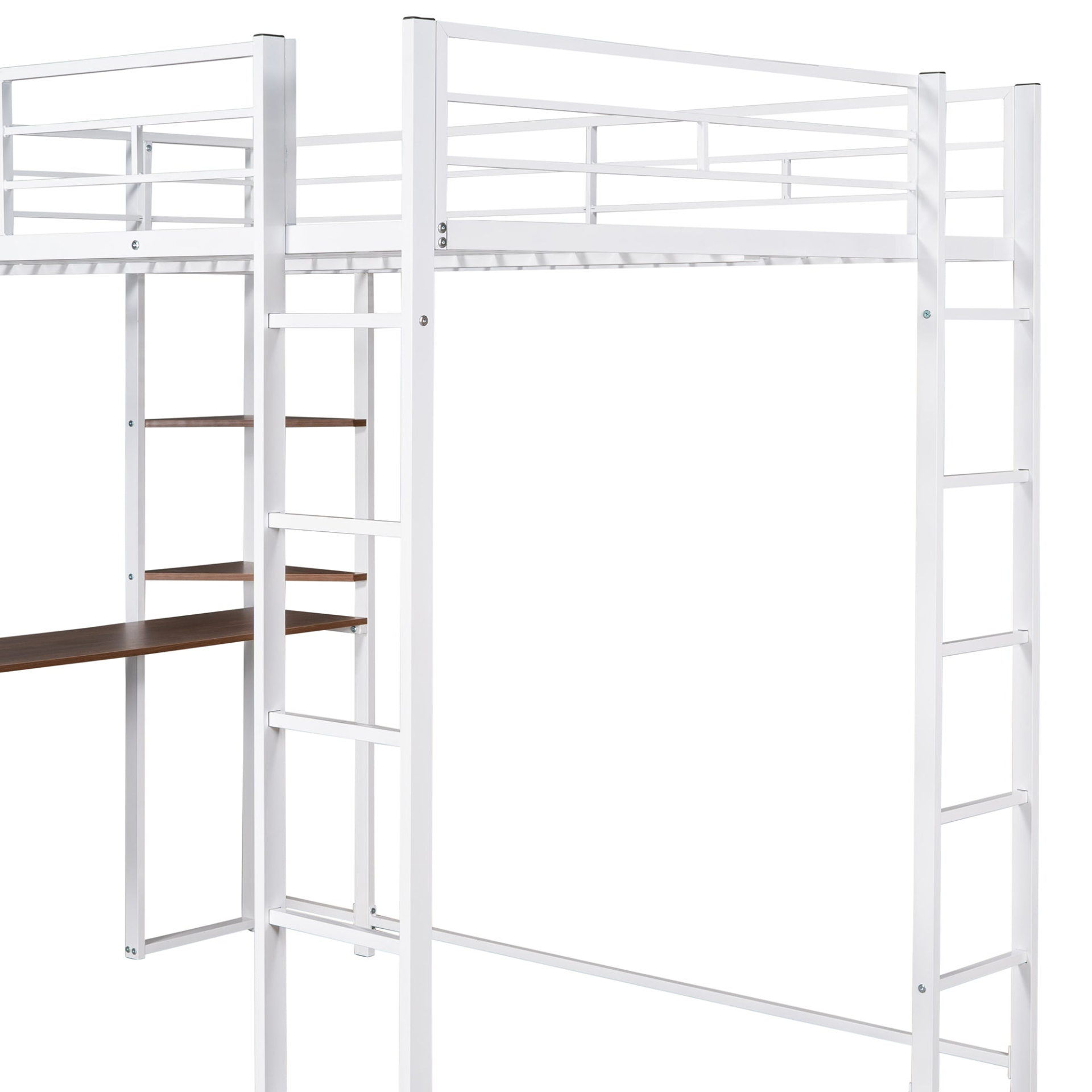 Full size metal loft bed by Start2Finish featuring two shelves and a desk, ideal for bedroom space-saving and organization.