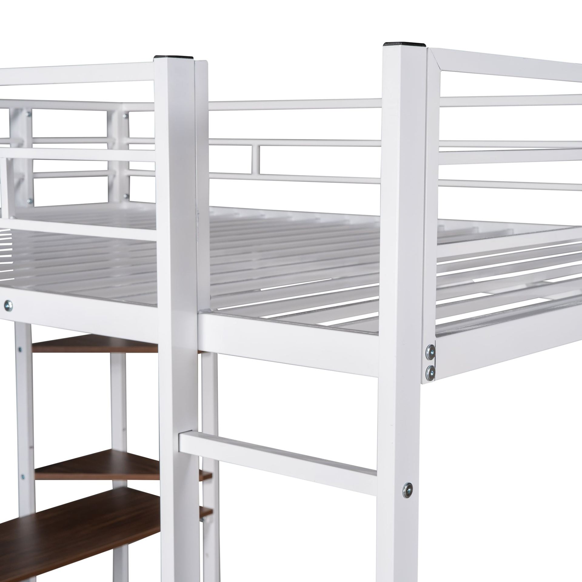 Start2Finish metal loft bed with built-in desk and two shelves, sturdy full-size frame, ideal for bedroom space.