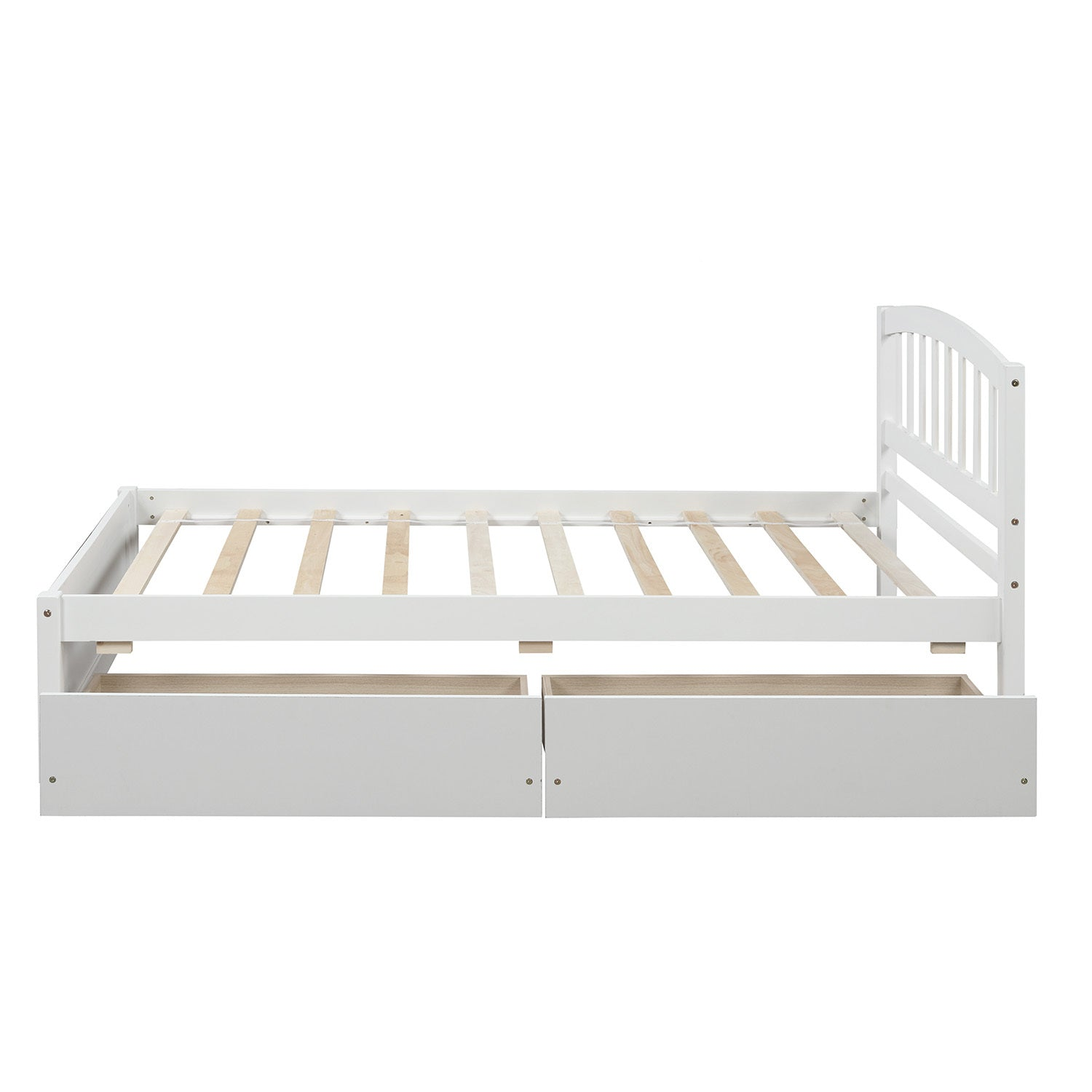 Start2Finish twin platform storage bed with wood frame, two built-in drawers, and a matching headboard for bedroom organization.