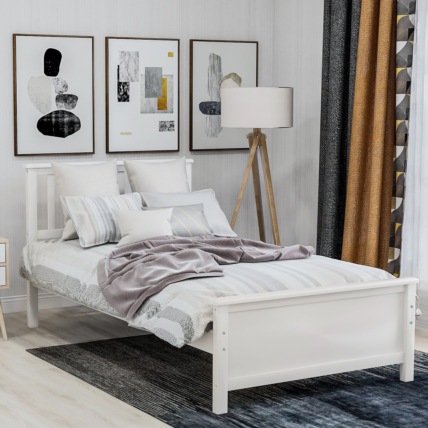 Wood platform bed frame with headboard, footboard, and wood slat support from Start2Finish, showing the sturdy wooden construction.