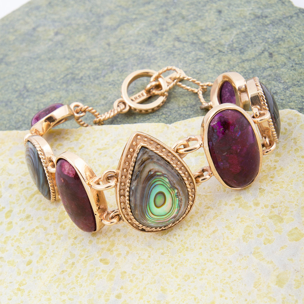 Purple turquoise and abalone golden statement bracelet with intricate jewelry design from Start2Finish.