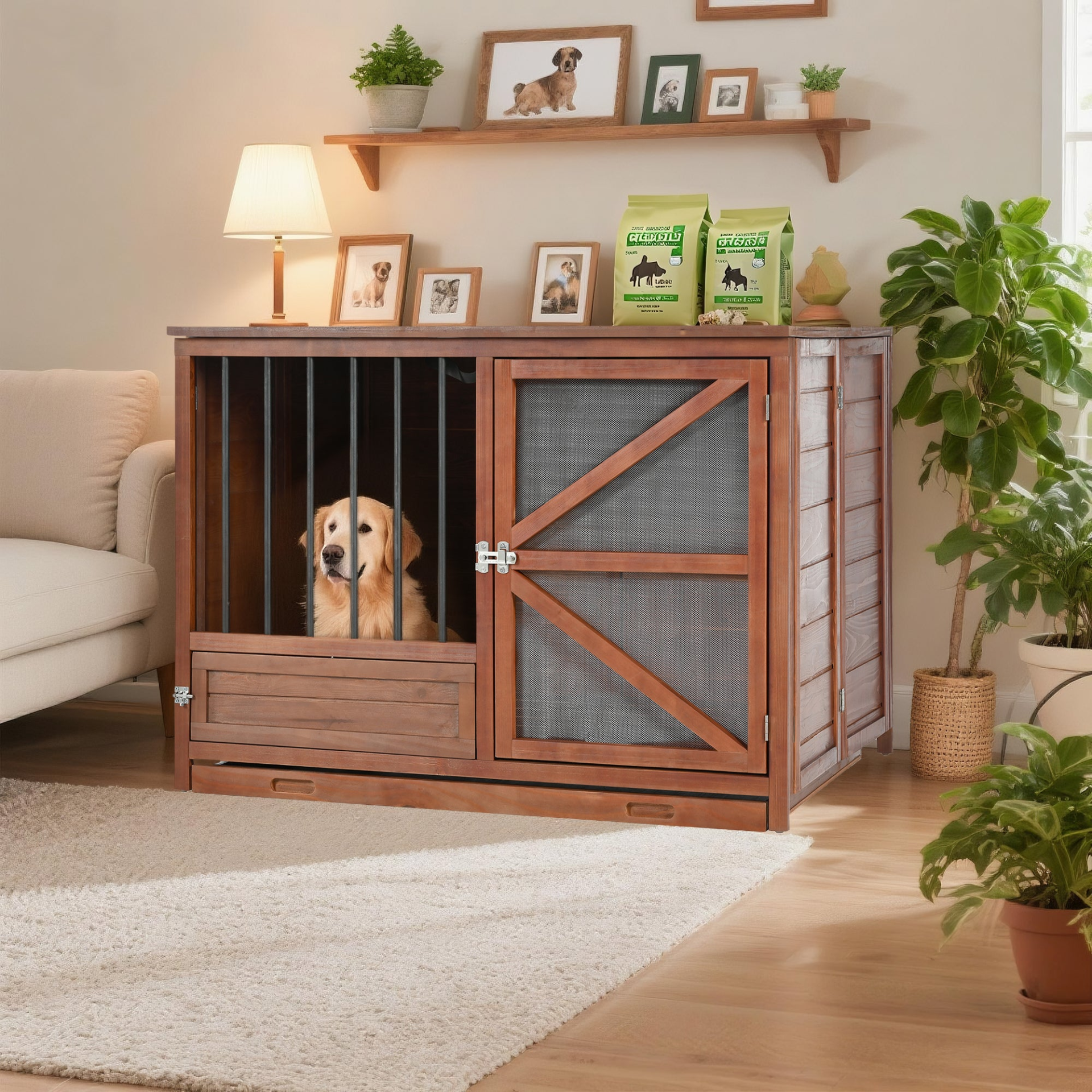 Solid wood foldable dog crate furniture with 360° rotating feeder and removable tray, designed for pets and stylish home use.