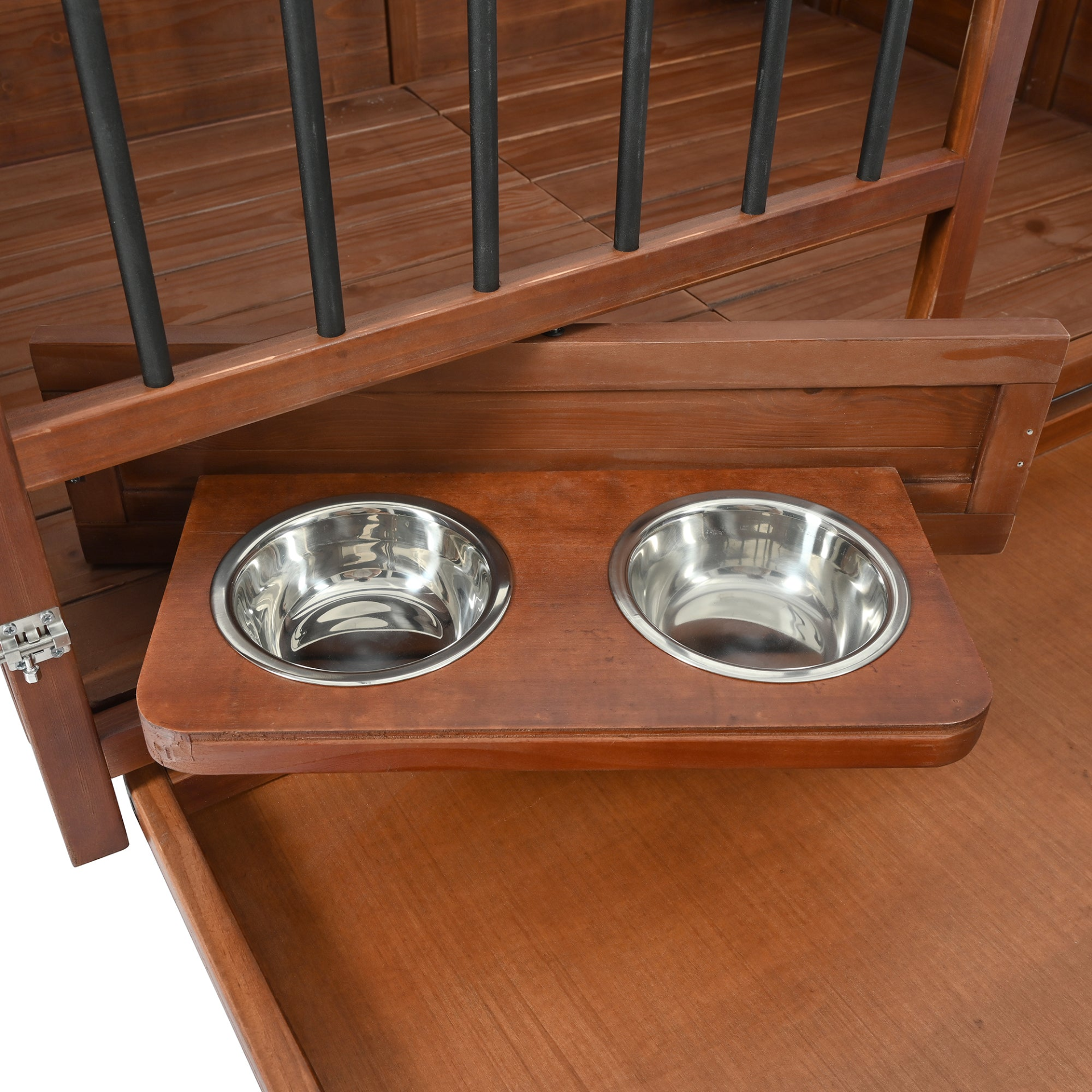 Solid wood foldable dog crate furniture by Start2Finish with 360° rotating feeder and removable tray, shown with open doors and sleek design.