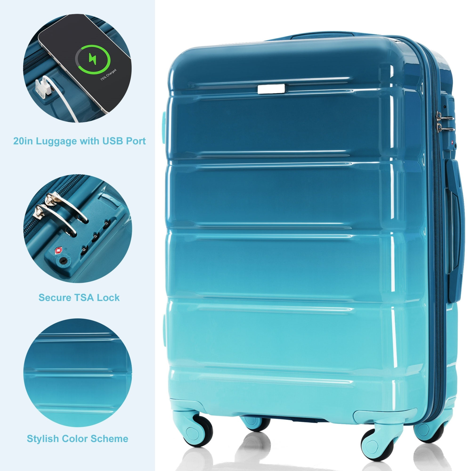 Start2Finish 5-piece luggage set with USB port, ABS+PC hard shell, spinner wheels, and travel bags for durable travel accessories.