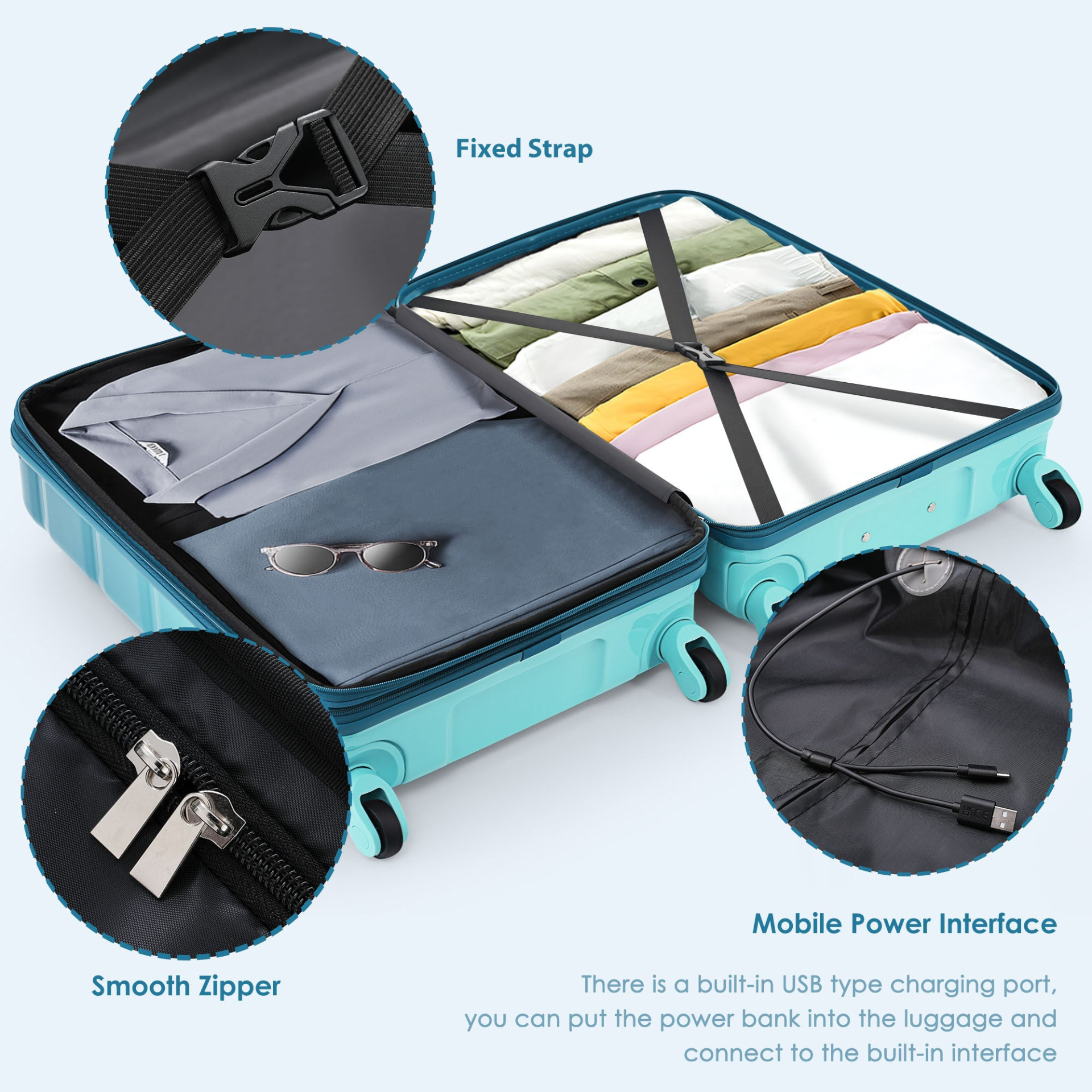 Start2Finish 5-piece luggage set with hard shell ABS+PC, spinner wheels, USB port, including travel bags and accessories.