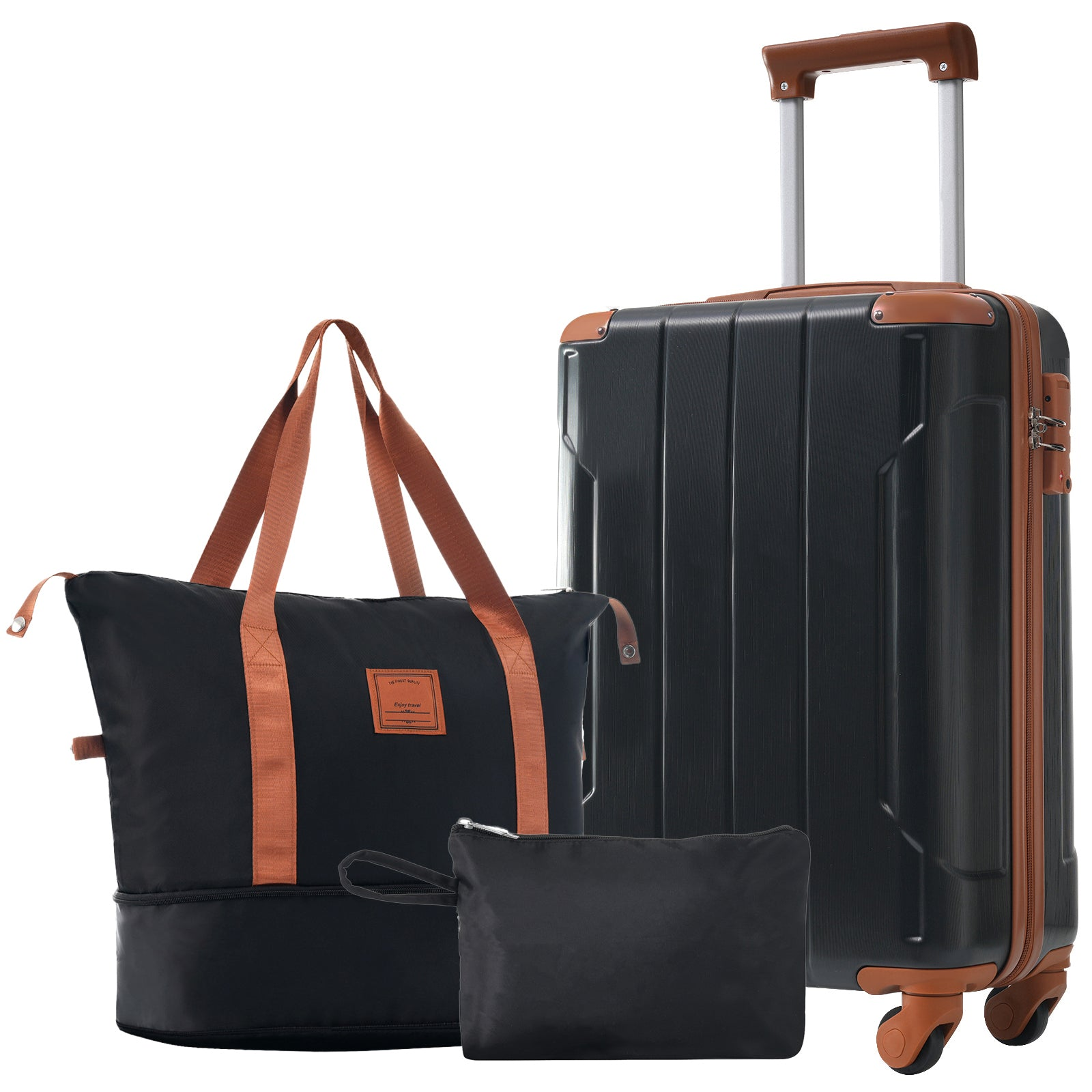 Start2Finish 20-inch carry-on hardshell ABS luggage set with spinner wheels, three-piece travel accessories.