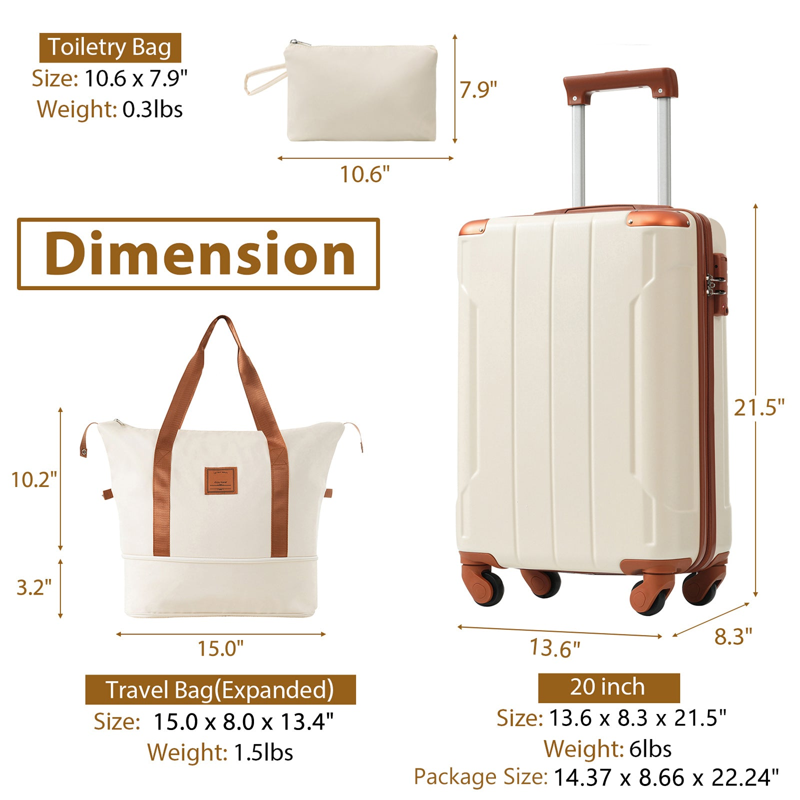 Start2Finish 20-inch carry-on hardshell ABS luggage set with spinner wheels, three-piece travel accessories.