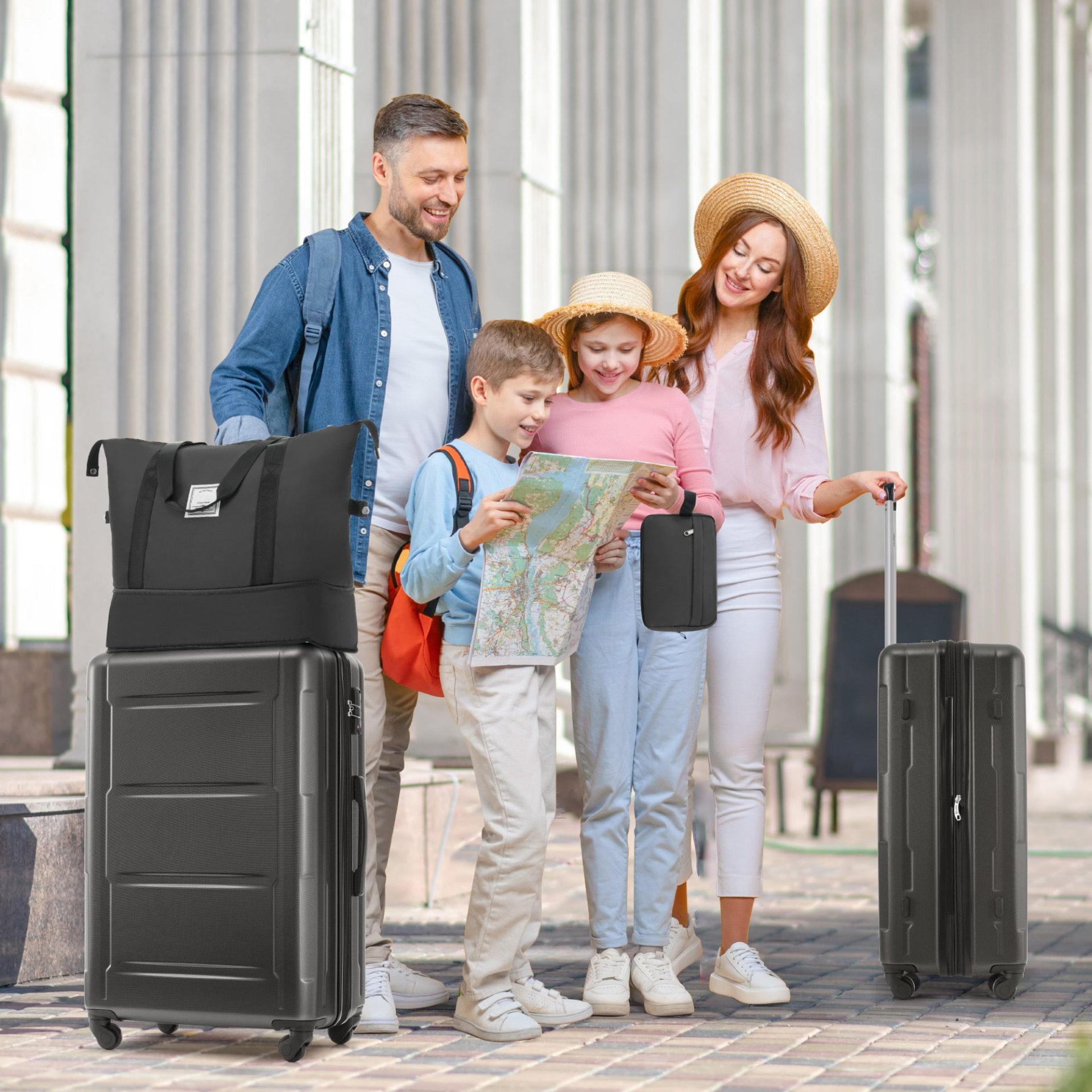 Start2Finish expandable lightweight ABS spinner suitcase set with TSA lock, featuring multiple luggage bags and accessories.