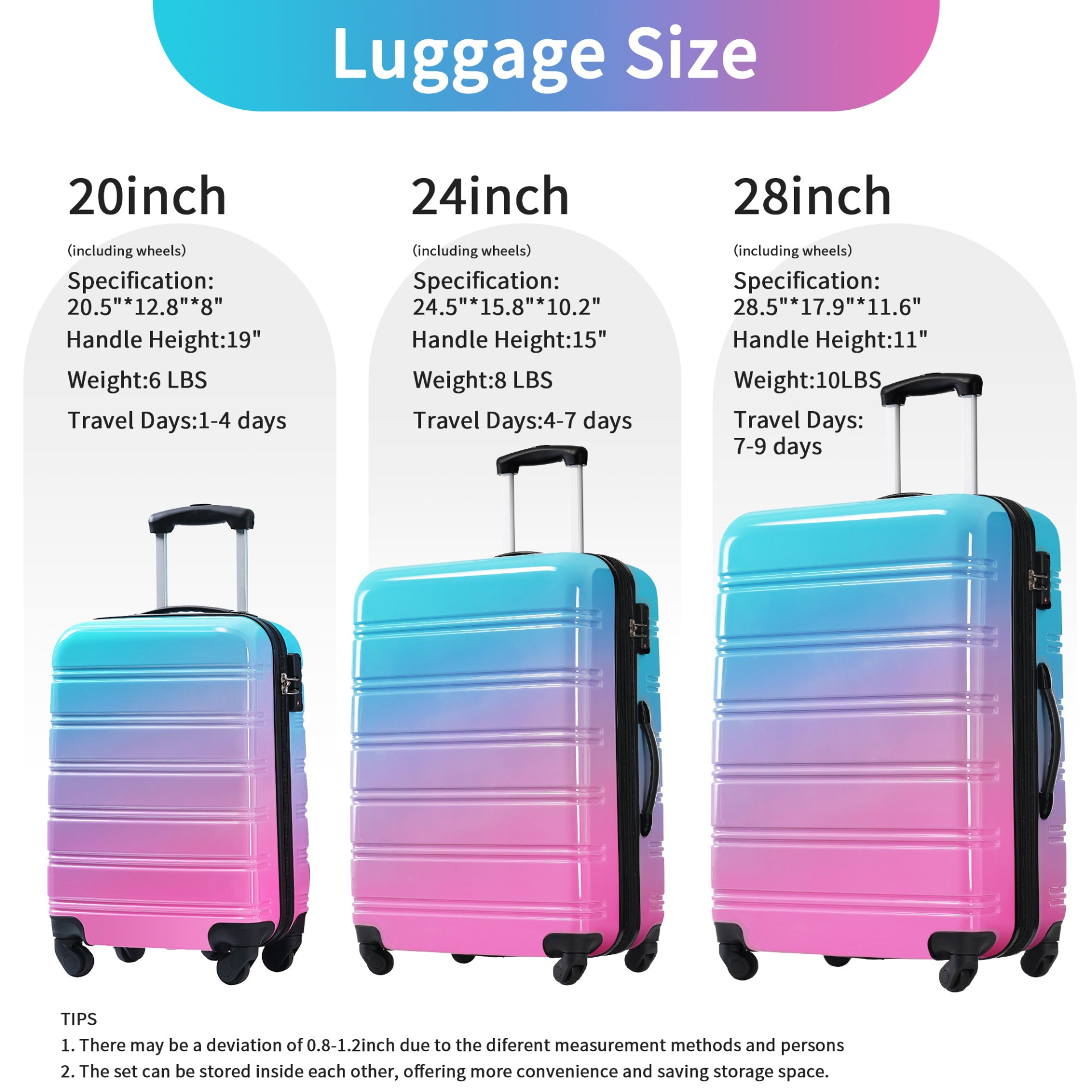 Start2Finish hardshell 3-piece gradient luggage set with expandable suitcases, spinner wheels, and TSA lock.