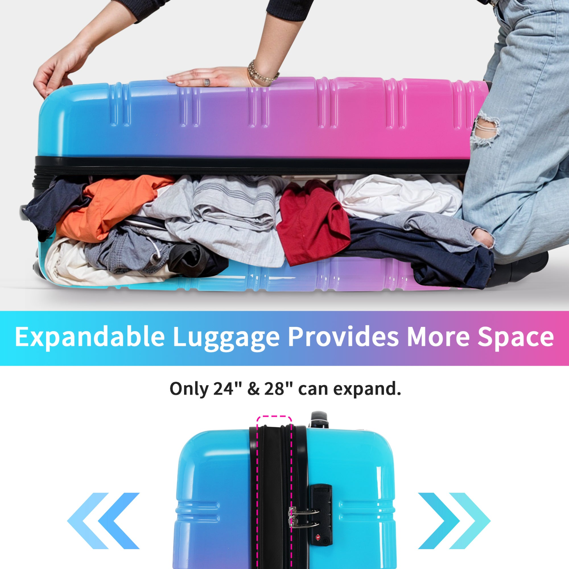 Start2Finish hardshell 3-piece gradient luggage set with expandable suitcases, spinner wheels, and TSA lock for travel accessories.