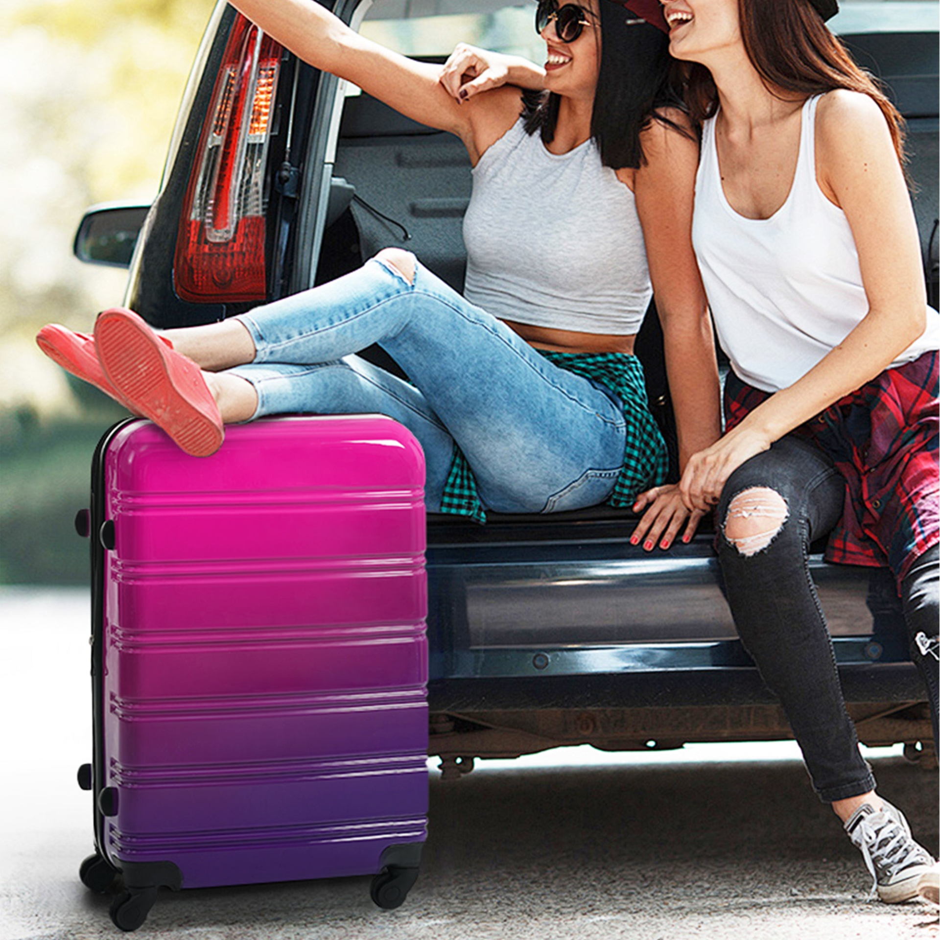 Start2Finish hardshell 3-piece gradient luggage set with expandable suitcases, spinner wheels, and TSA lock for travel accessories.