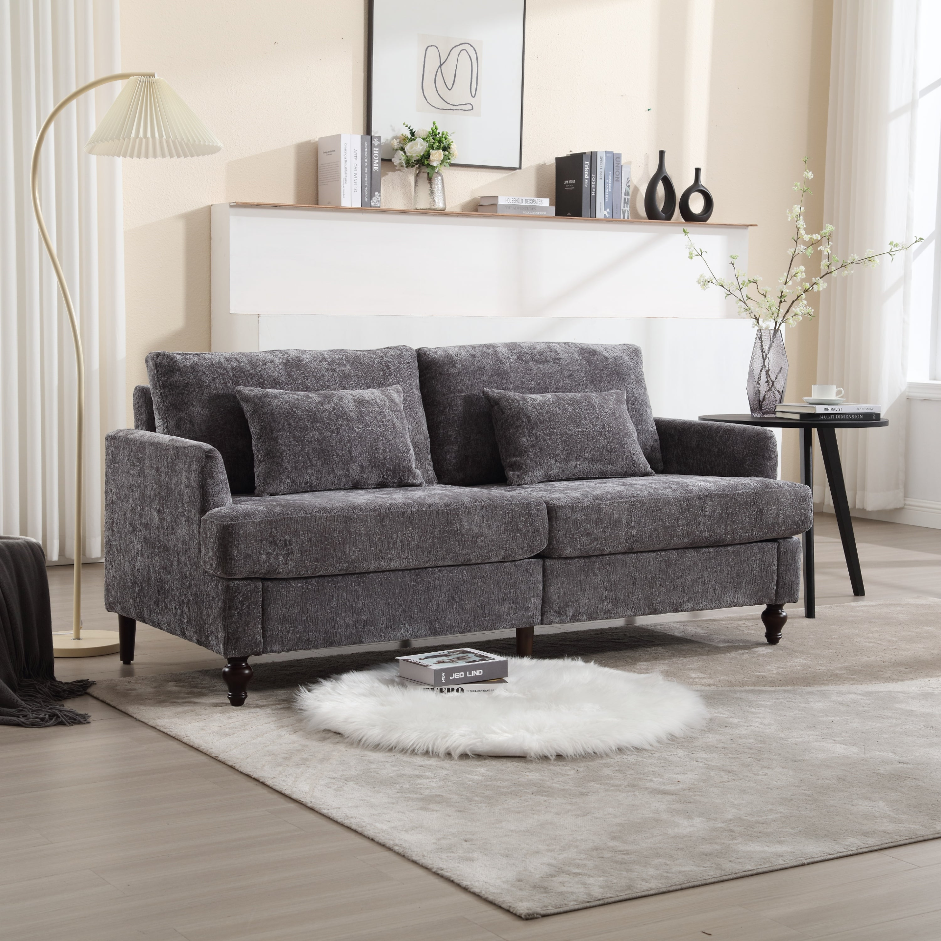 Mid century modern chenille fabric 2-seat upholstered loveseat sofa with wooden feet, designed by Start2Finish.