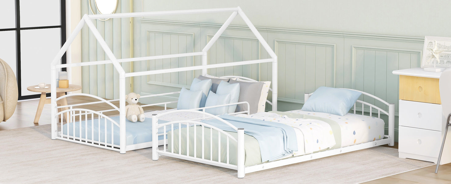 Start2Finish twin over twin metal bunk bed with house design and slide, featuring a playful kids&