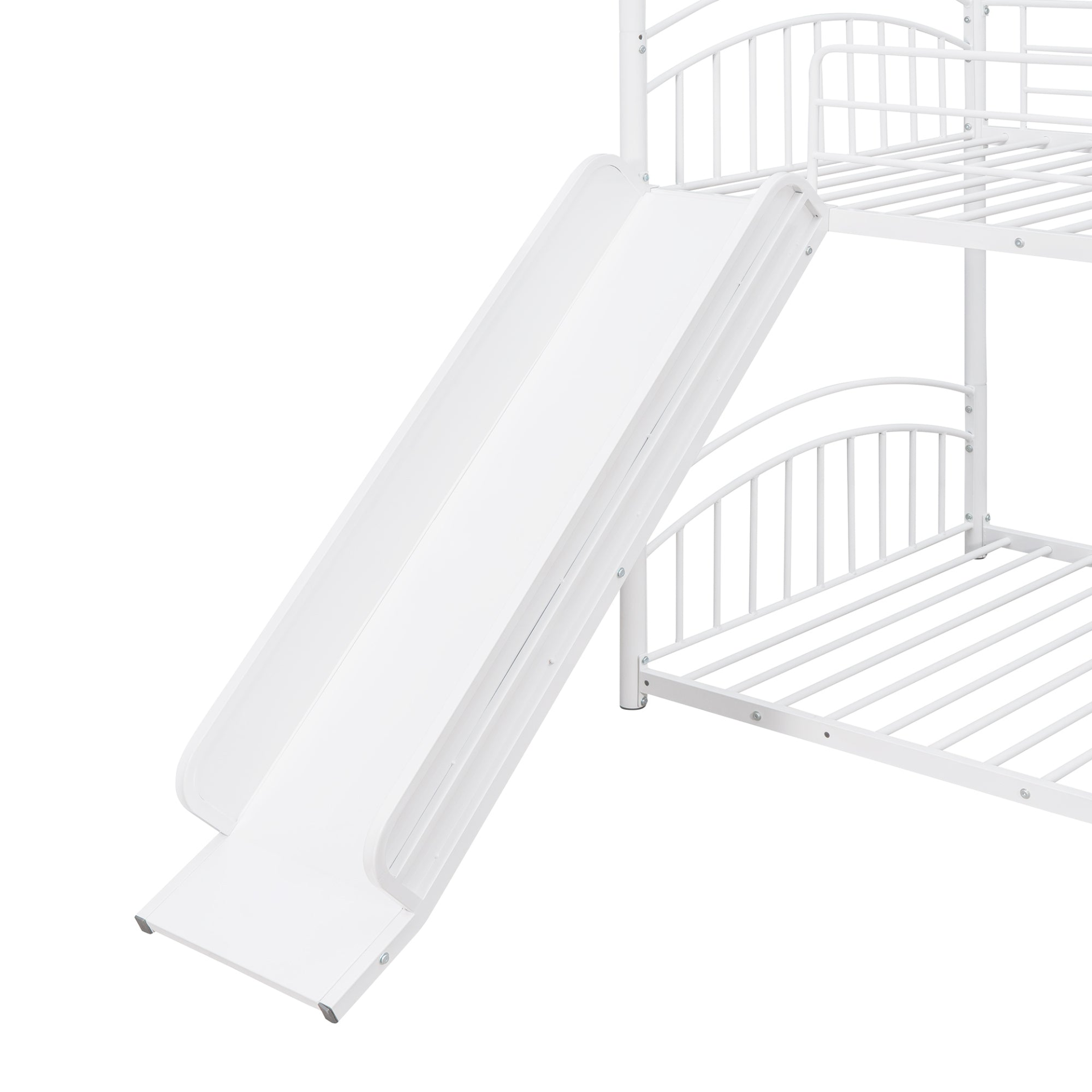 Start2Finish twin over twin metal bunk bed with built-in house design and slide, featuring safety rails and sturdy construction for kids.