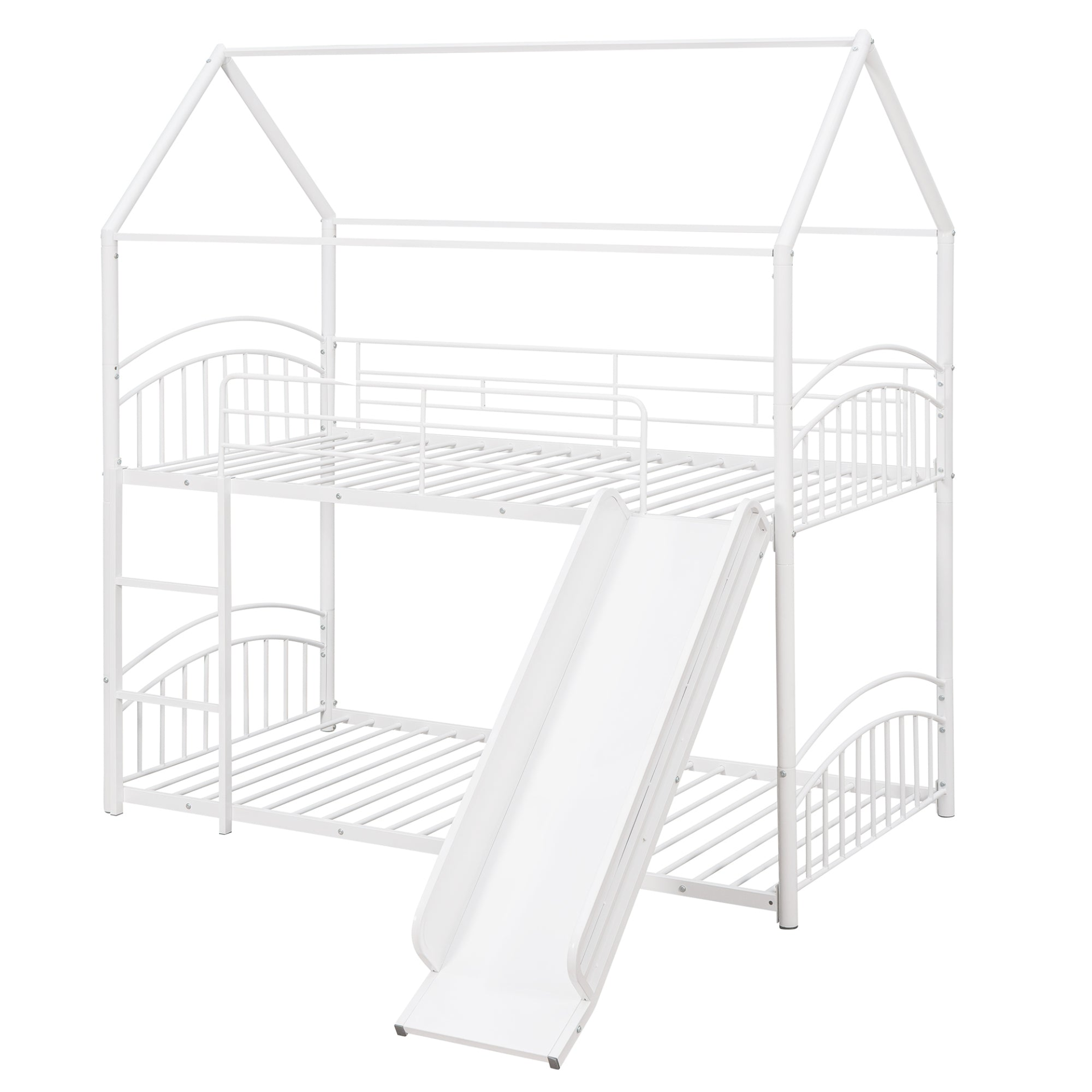 Start2Finish twin over twin metal bunk bed with house design and slide, featuring sturdy metal frame and playful kids&