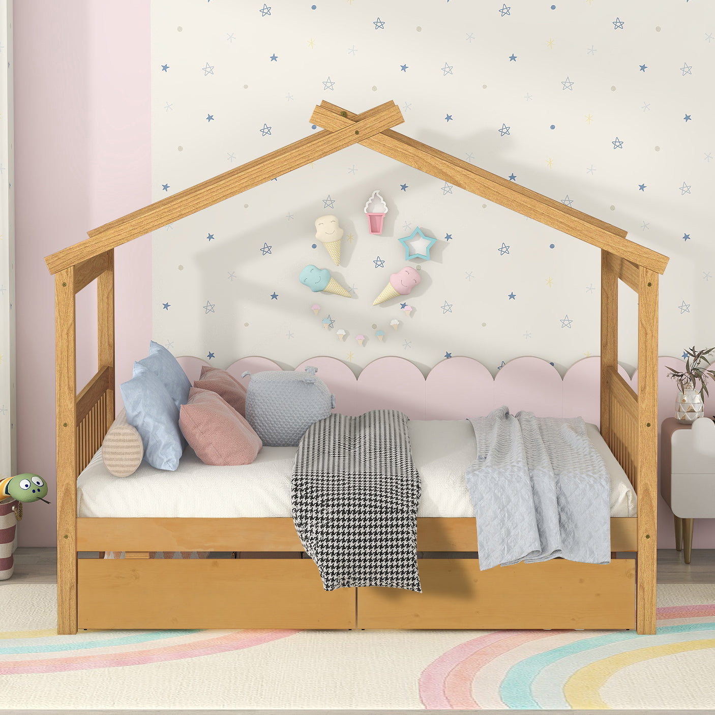 Full size wooden house bed with built-in drawers from Start2Finish, featuring a cozy house-shaped design and storage drawers underneath.