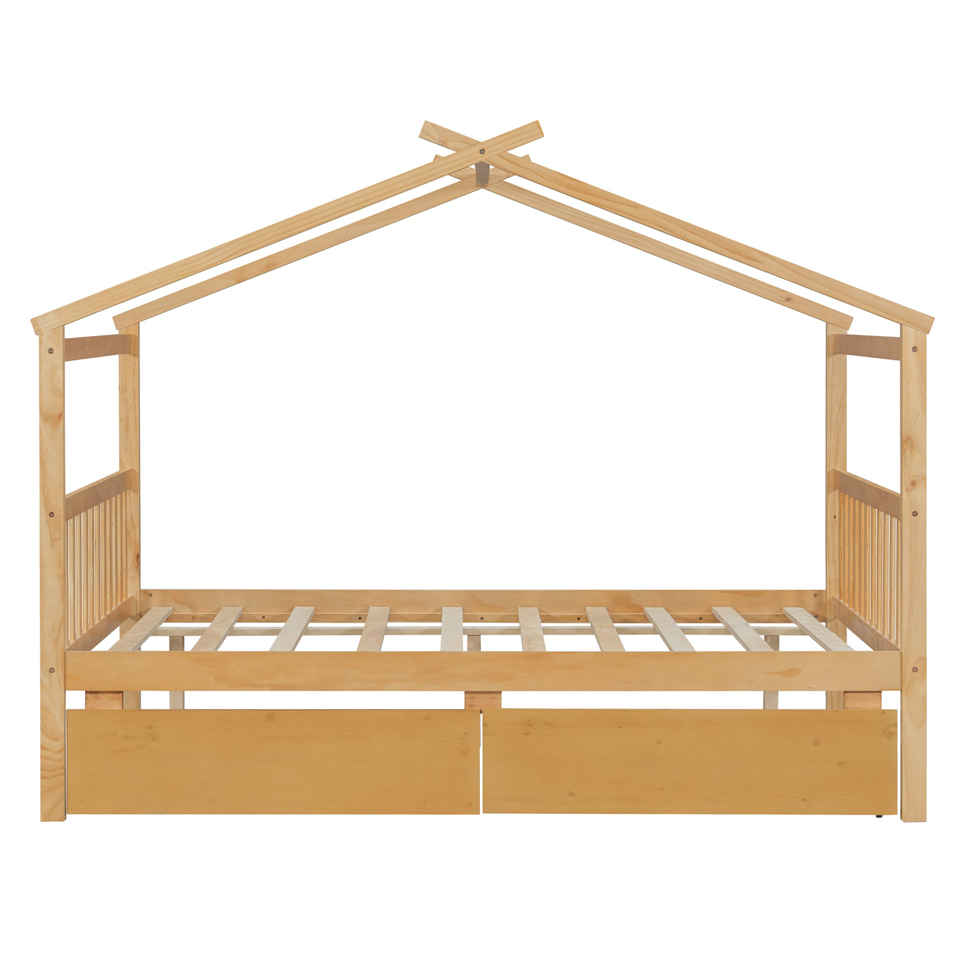 Full size wooden house bed with built-in drawers from Start2Finish, featuring a cozy house-shaped design and storage drawers underneath.