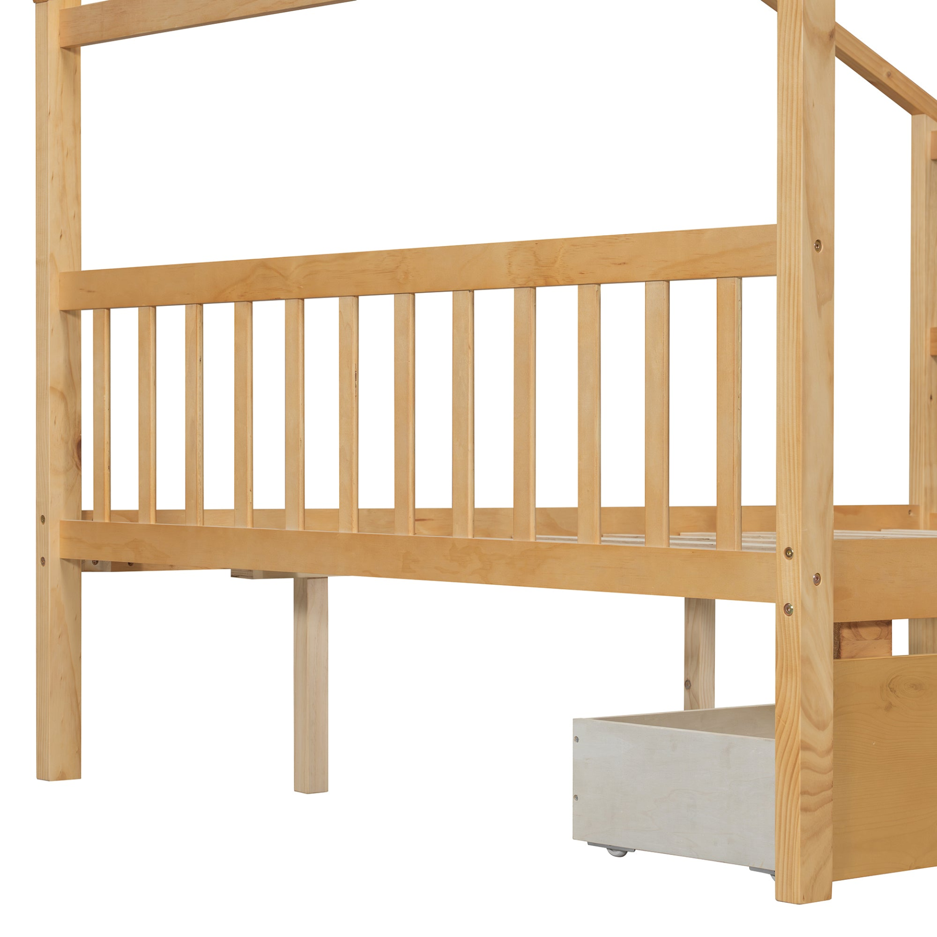 Start2Finish wooden house bed with built-in drawers, full size bed frame featuring a charming house-shaped headboard and storage drawers