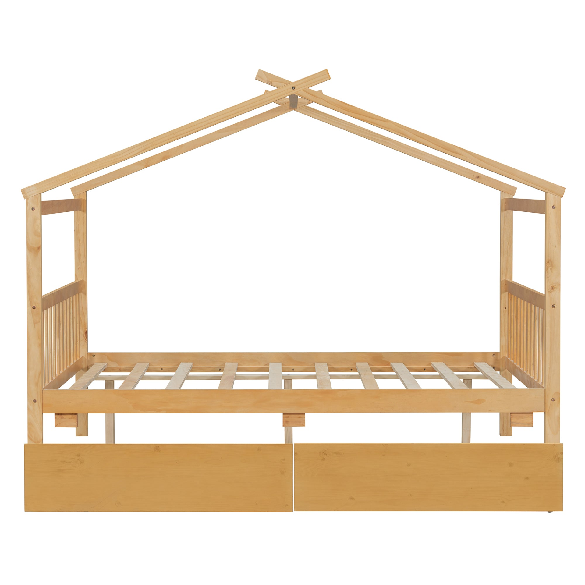 Full size wooden house bed with built-in drawers from Start2Finish, featuring a cozy house-shaped design and storage drawers underneath.