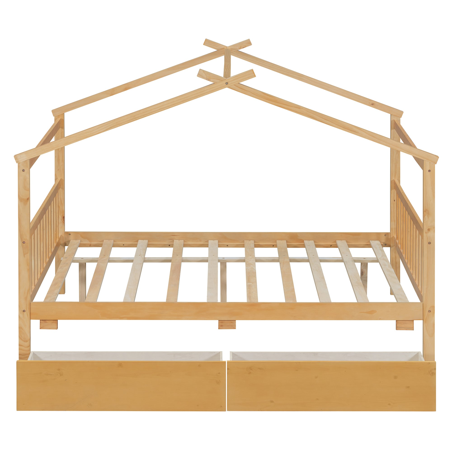 Full size wooden house bed with built-in drawers by Start2Finish, featuring a cozy house-shaped design and ample storage drawers.
