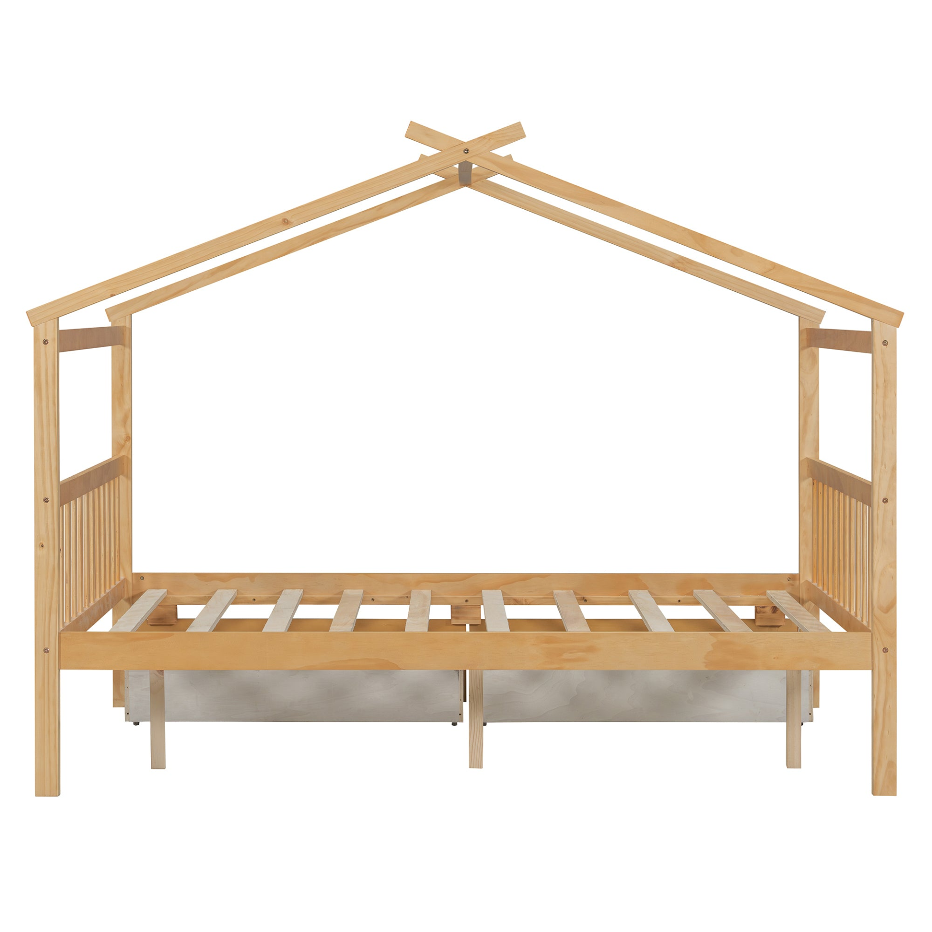 Full size wooden house bed with built-in drawers for storage, featuring a playful house-shaped design by Start2Finish.