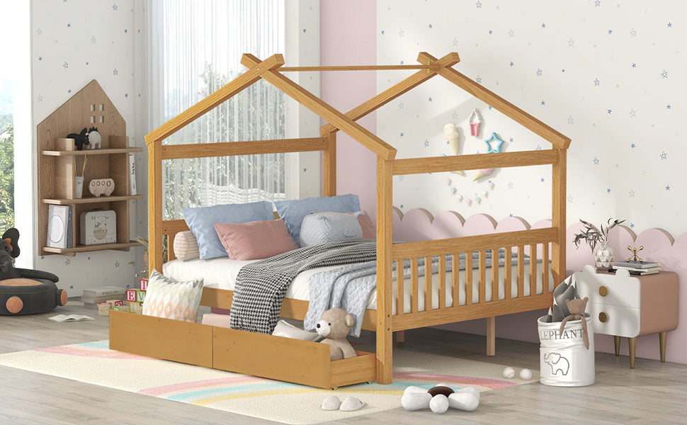 Full size wooden house bed with built-in drawers from Start2Finish, featuring a cozy house-shaped design and storage drawers underneath.