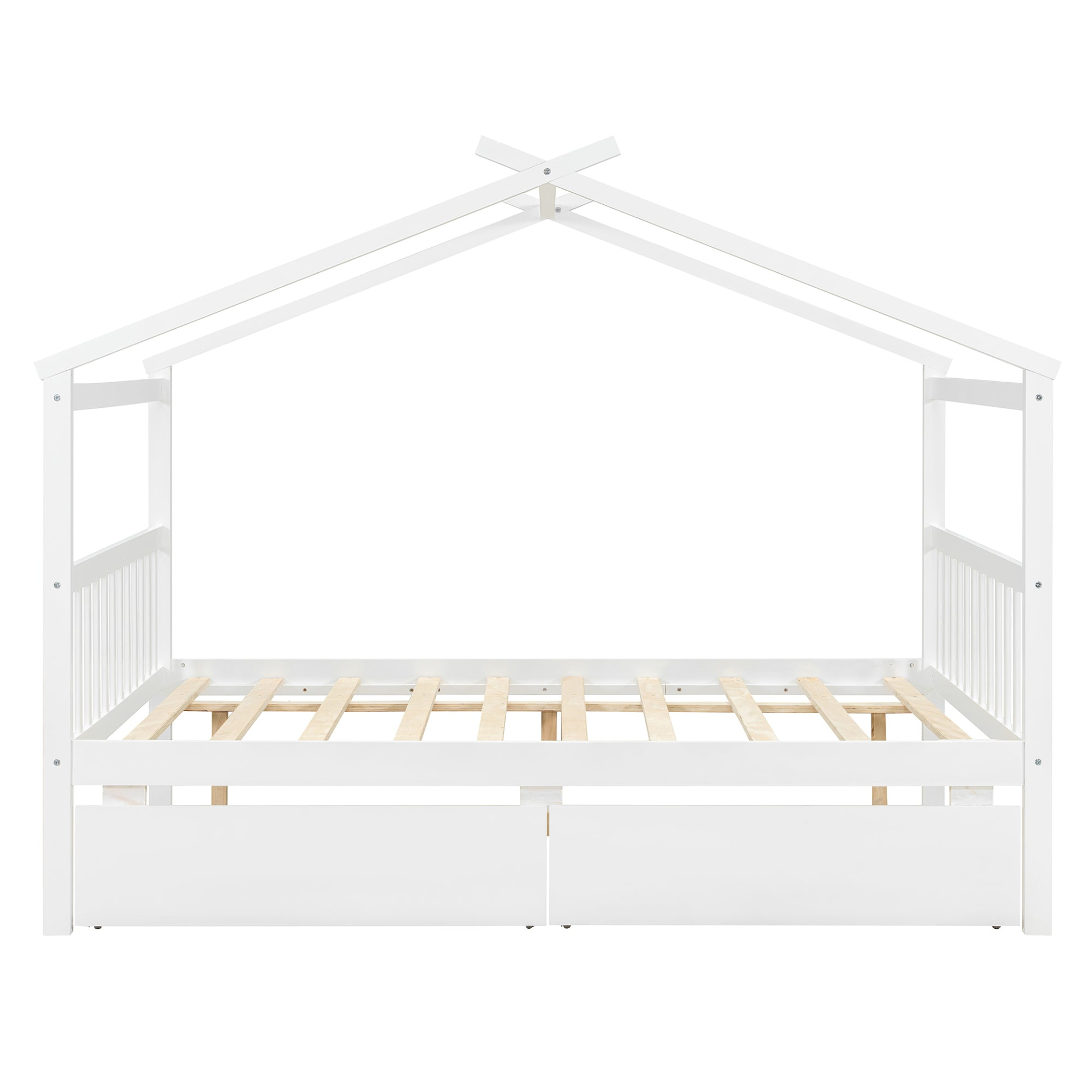 Full size wooden house bed with built-in drawers from Start2Finish, featuring a cozy house-shaped headboard and storage drawers.