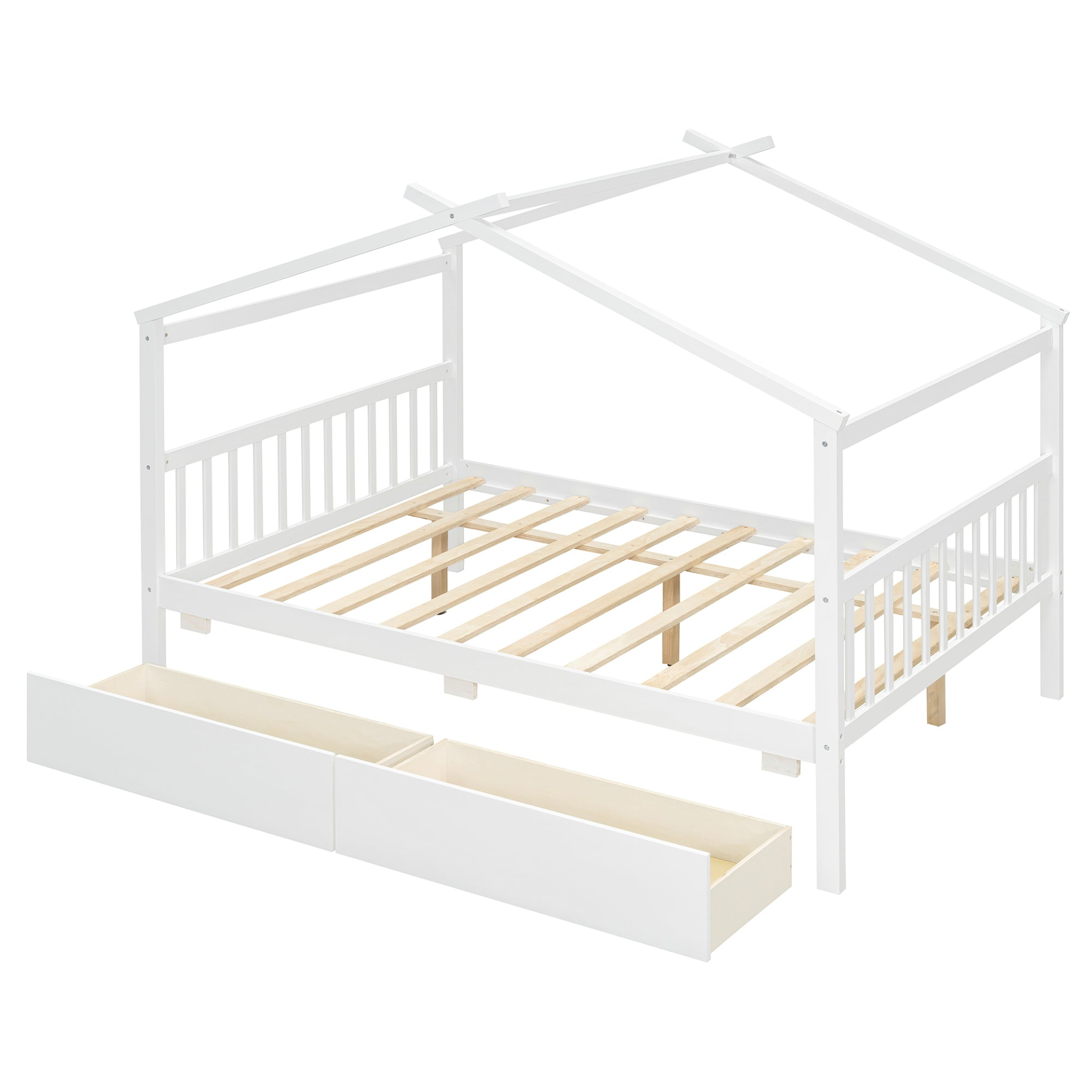 Full size wooden house bed with built-in drawers from Start2Finish, featuring a cozy house-shaped design and storage drawers underneath.
