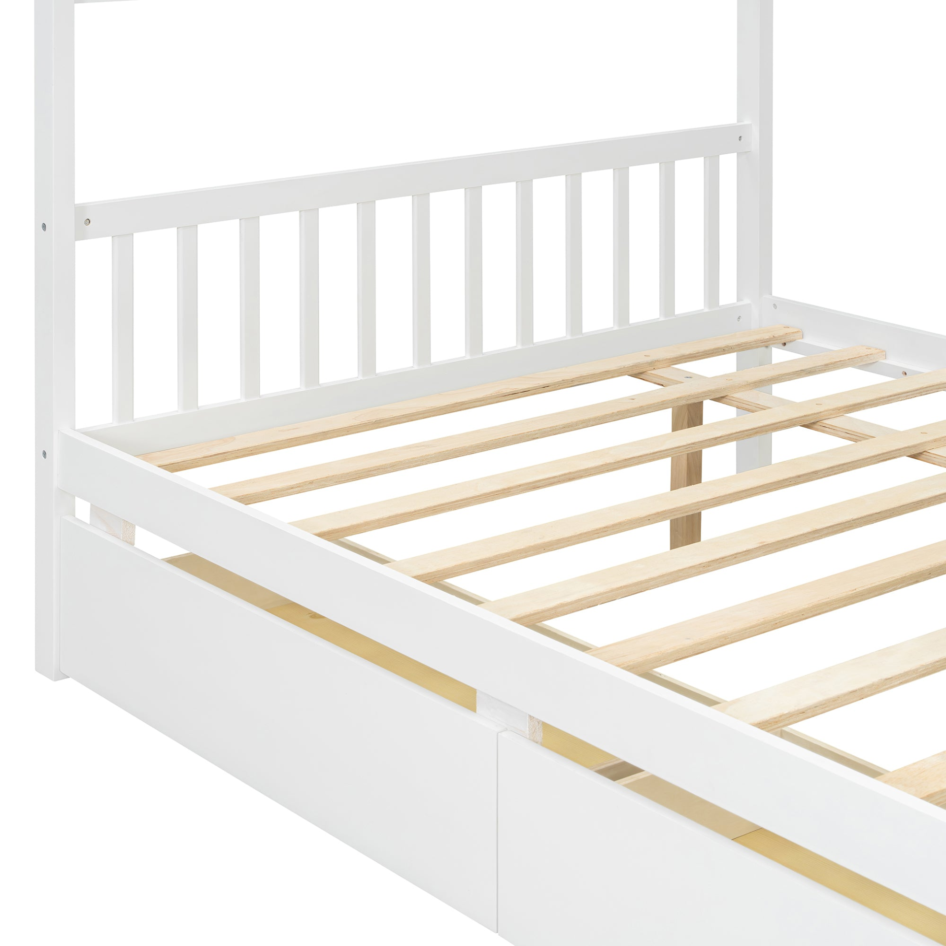 Full size wooden house bed with built-in drawers, featuring a playful house-shaped design from Start2Finish.