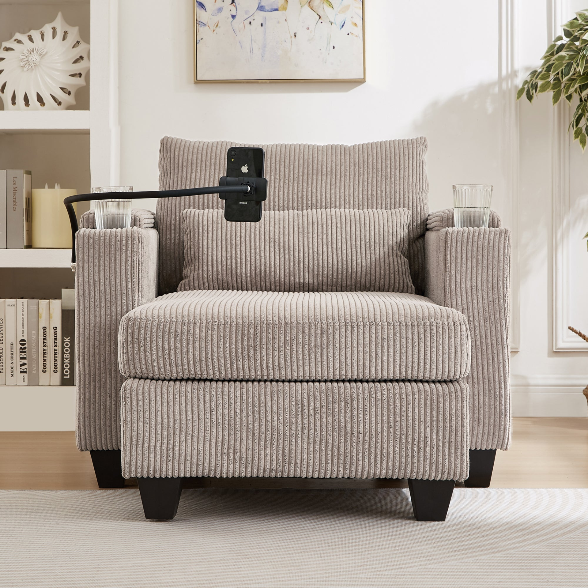 Start2Finish convertible chaise lounge sofa chair with USB ports, cup holders, phone holder, and storage in a modern living room setting.