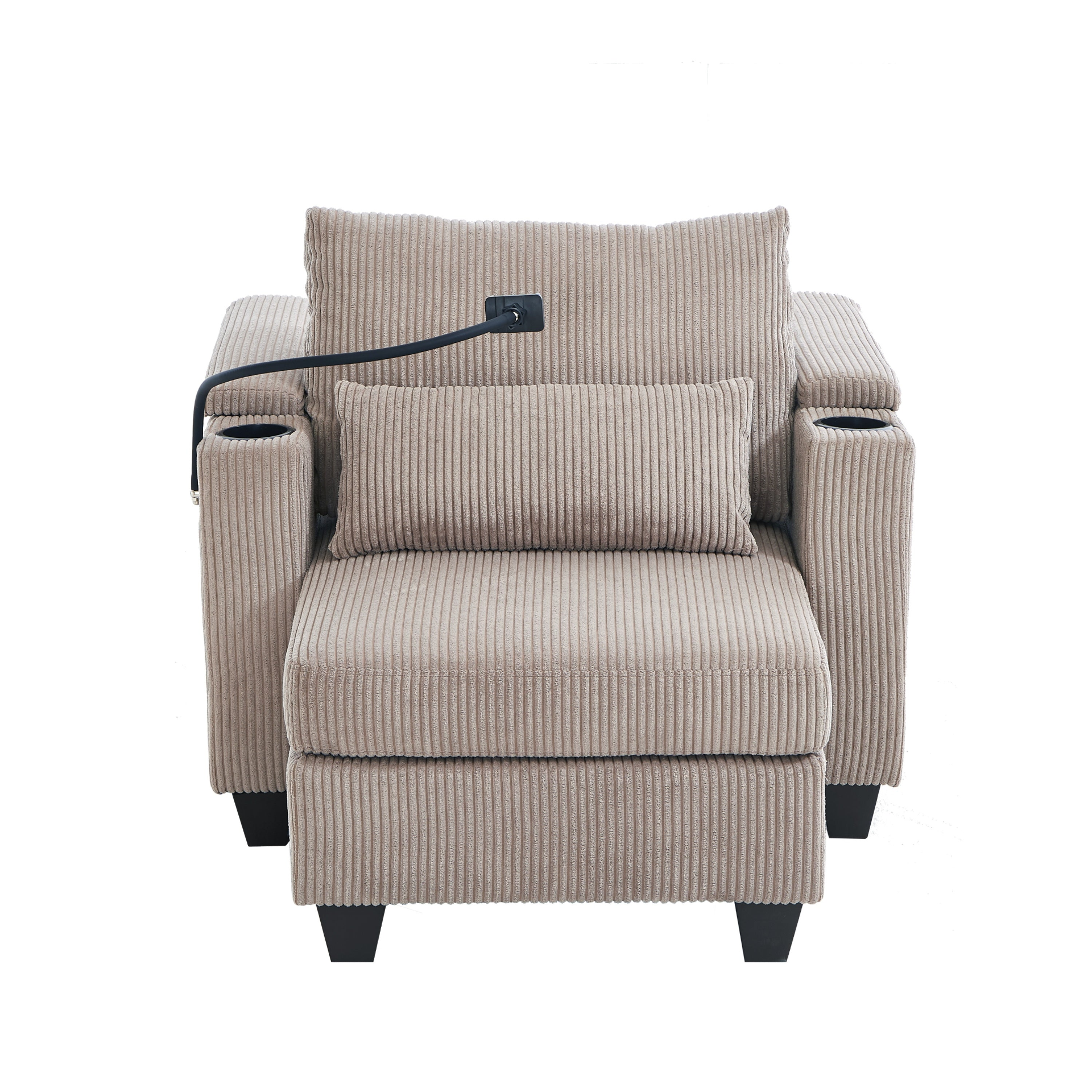 Start2Finish convertible chaise lounge sofa chair with USB ports, cup holders, phone holder, and storage in a modern living room setting.