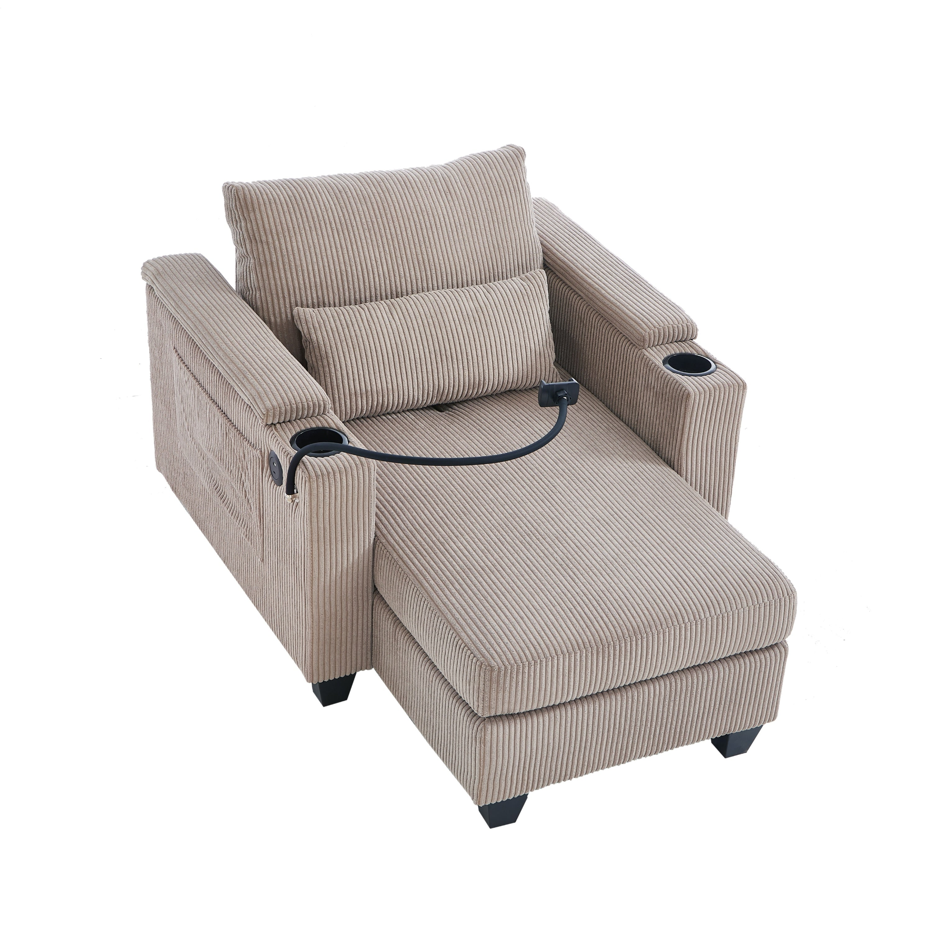 Start2Finish convertible chaise lounge sofa chair with USB ports, cup holders, phone holder, and storage.