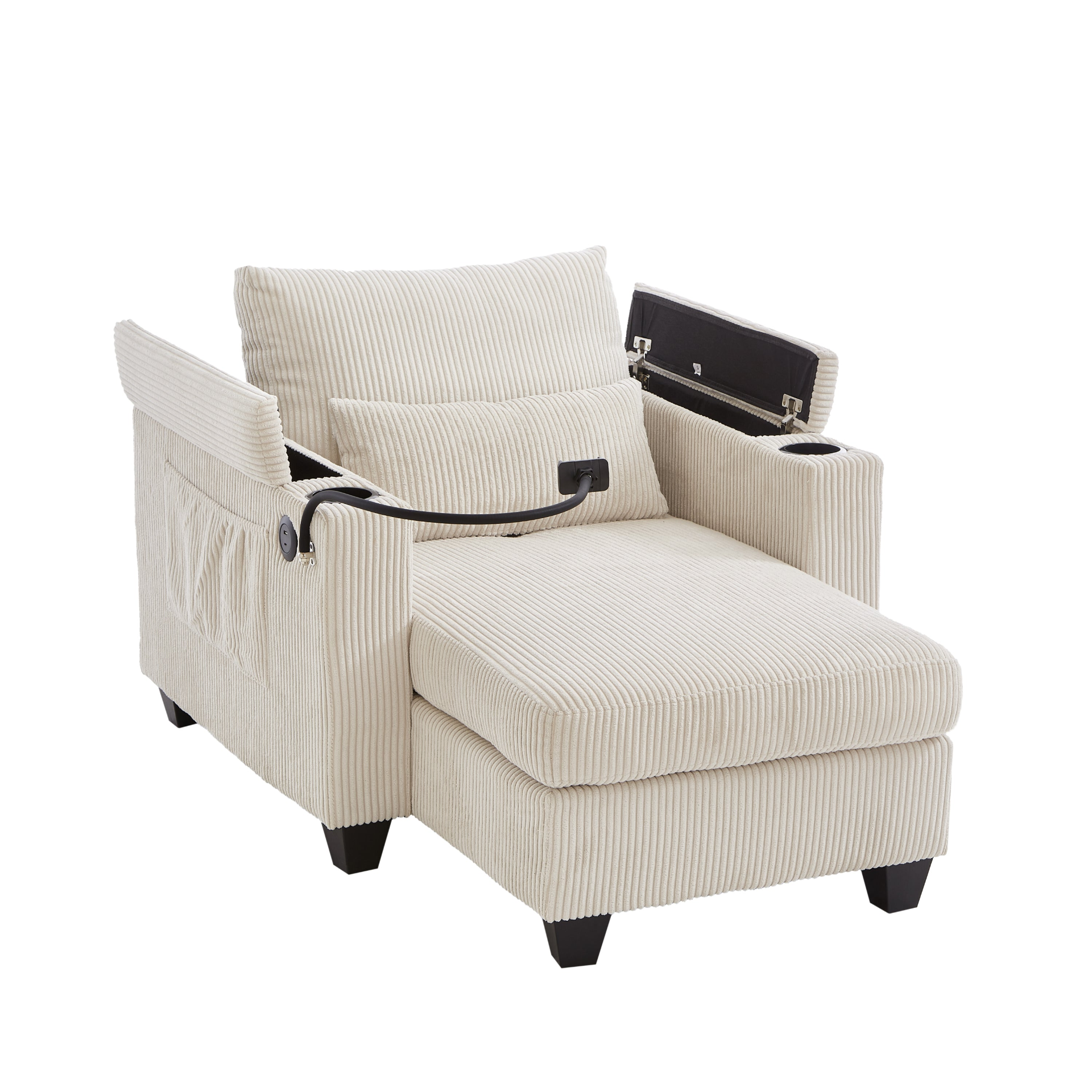 Start2Finish convertible chaise lounge sofa chair with USB ports, cup holders, phone holder, and storage in a modern design.