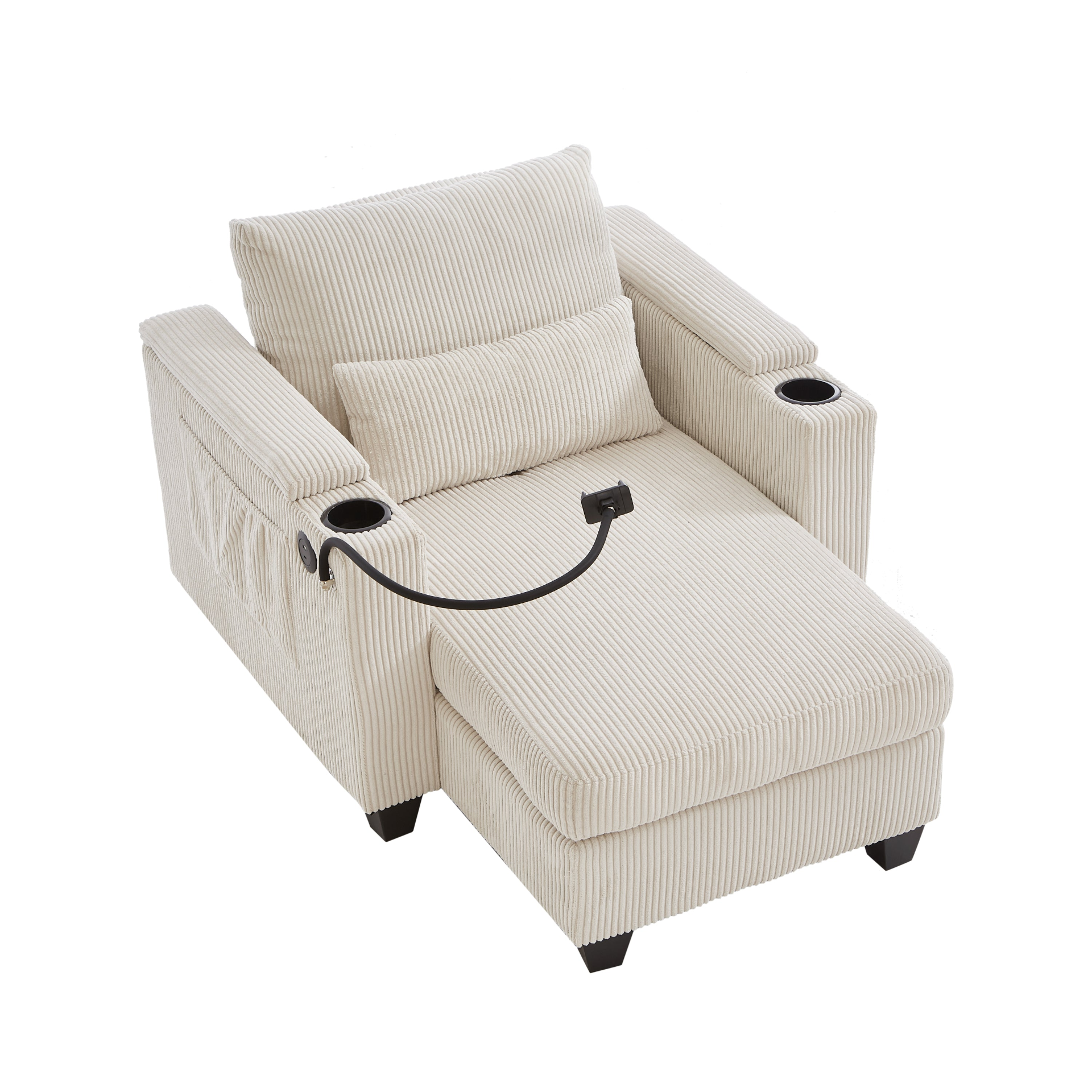 Start2Finish convertible chaise lounge sofa chair with USB ports, cup holders, phone holder, and storage for added comfort.