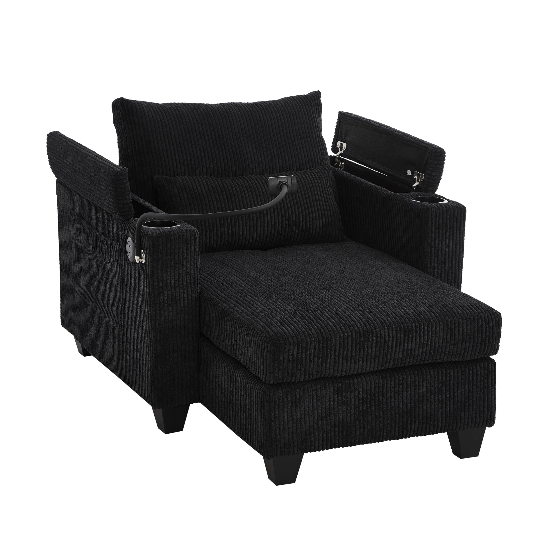 Start2Finish convertible chaise lounge sofa chair with USB ports, cup holders, phone holder, and storage in a modern living room setting.