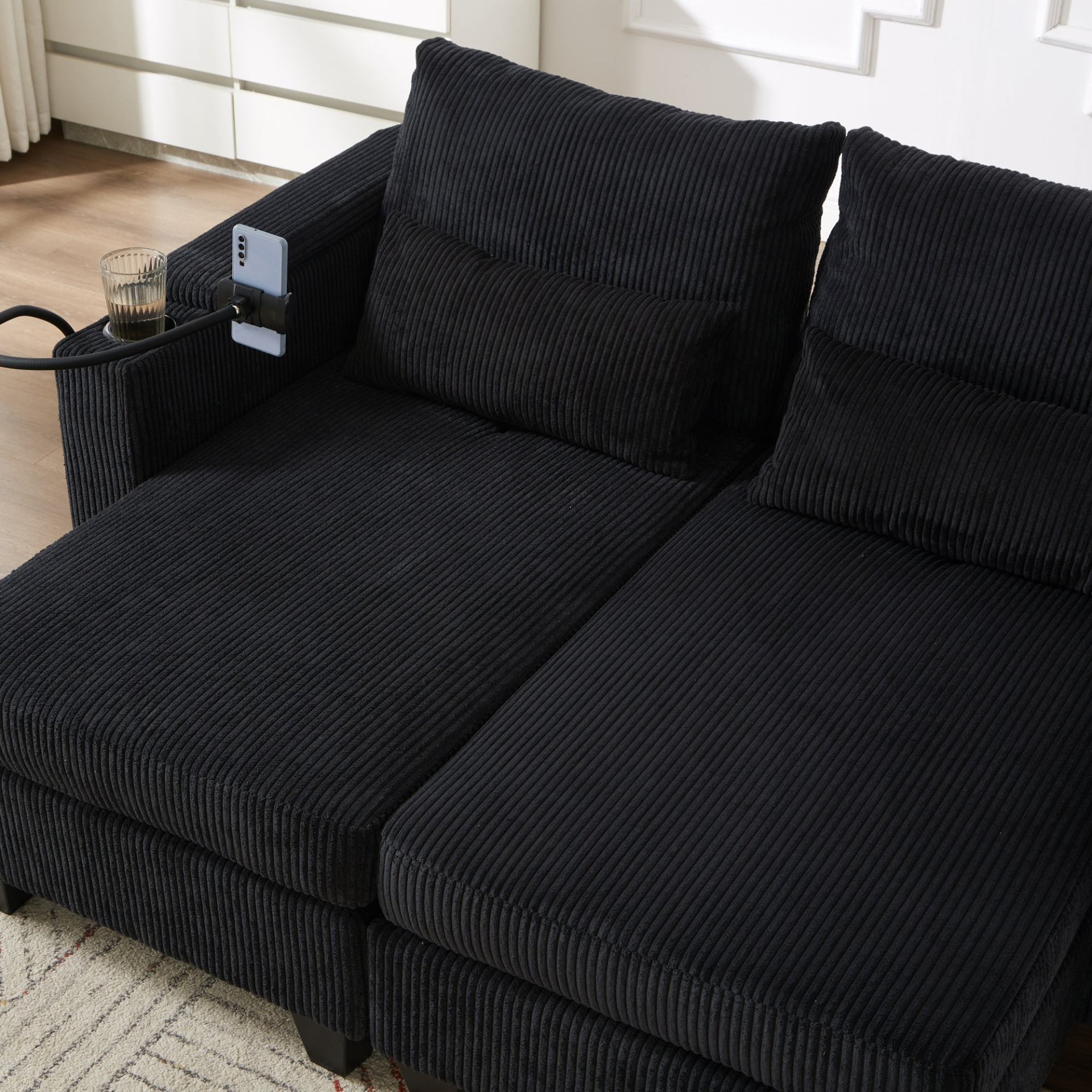 Start2Finish convertible chaise lounge sofa chair with USB ports, cup holders, phone holder, and storage in a modern design.