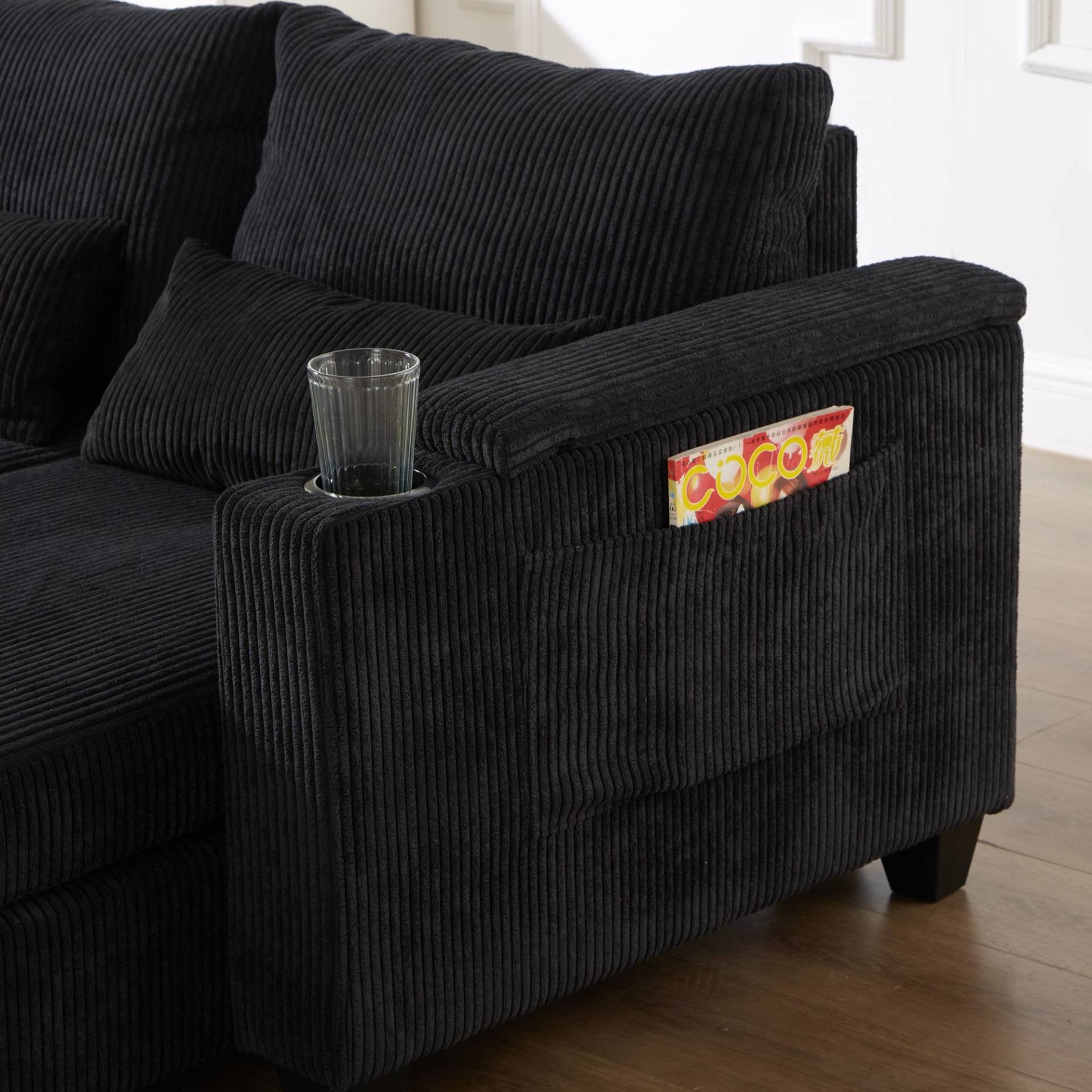 Start2Finish convertible chaise lounge sofa chair with USB ports, cup holders, phone holder, and storage, shown in a modern living room.