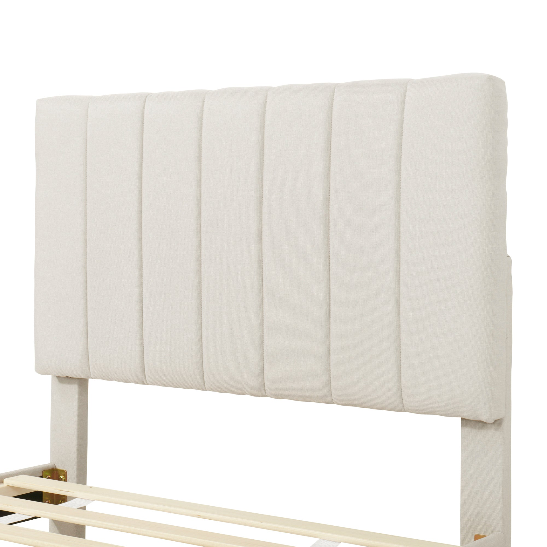 Upholstered platform bed with trundle and three drawers in linen fabric, from Start2Finish, shown with mattress and bedding.