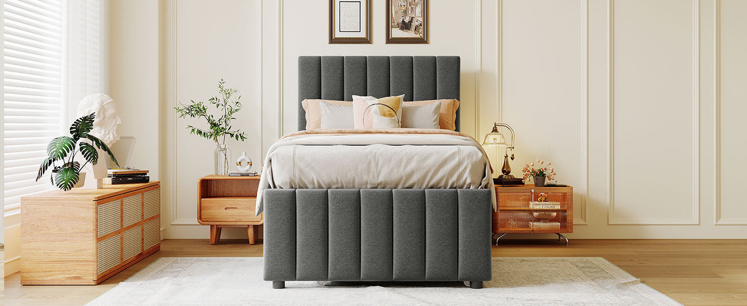 Start2Finish upholstered platform bed with trundle and three drawers in linen fabric, showcasing a modern bedroom furniture design.