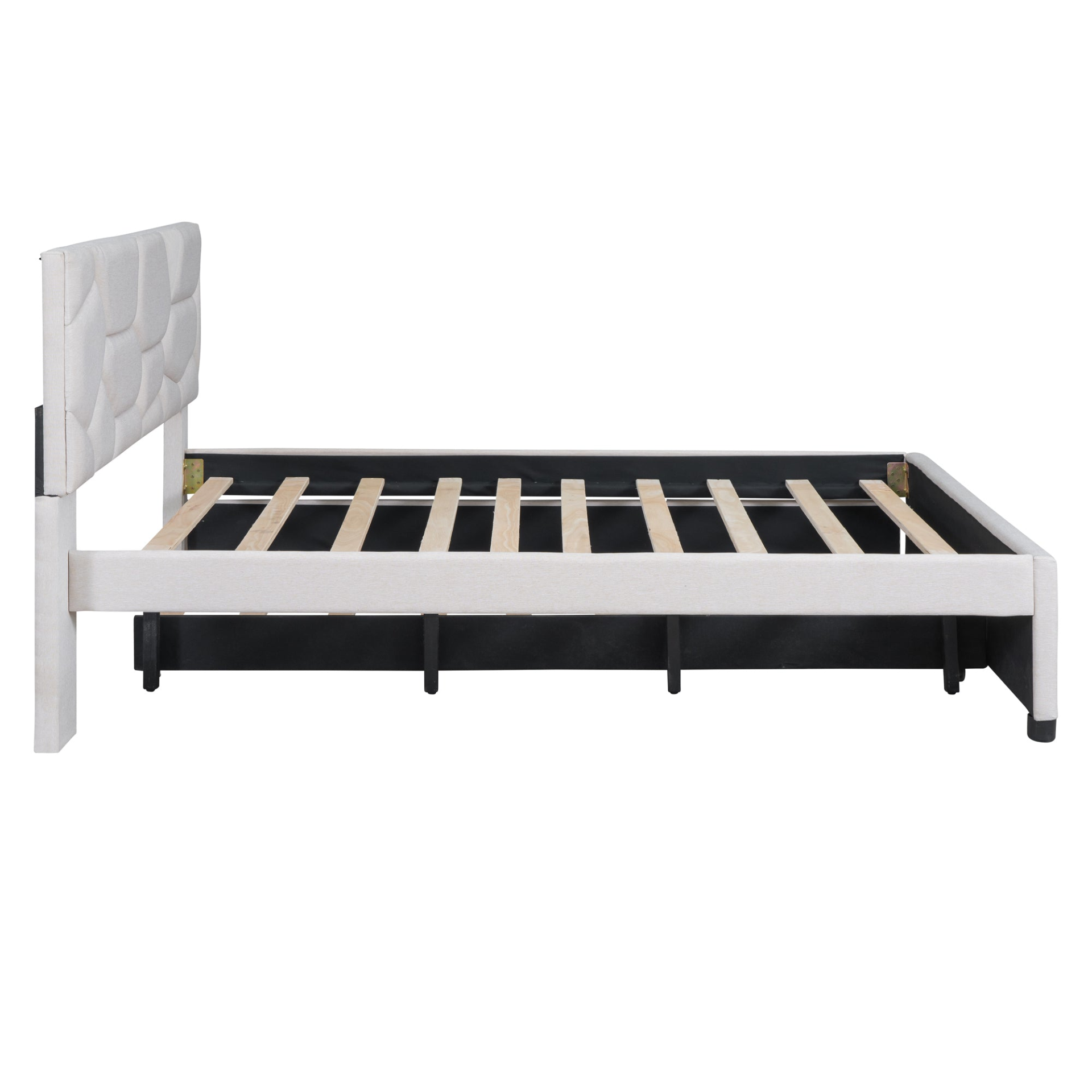 Start2Finish upholstered platform bed with brick-patterned fabric headboard and trundle, featuring linen upholstery and modern design.