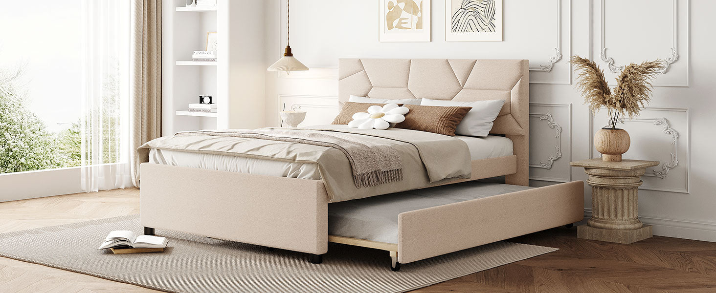Start2Finish upholstered platform bed with brick-patterned headboard, linen fabric, and built-in trundle for versatile sleeping options.