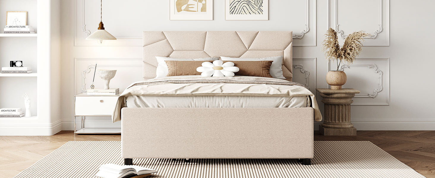 Start2Finish linen upholstered platform bed with brick-patterned headboard and pull-out trundle for versatile sleeping options.