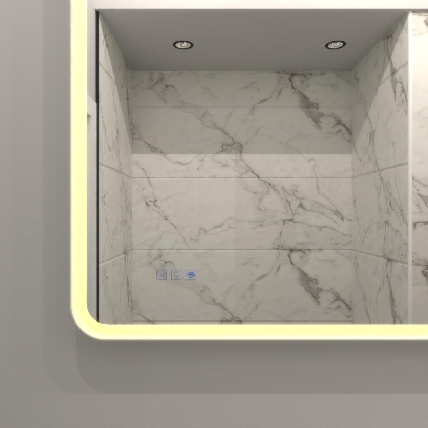 Rectangular framed dimmable anti-fog LED bathroom vanity mirror with built-in lighting and modern design, by Start2Finish.