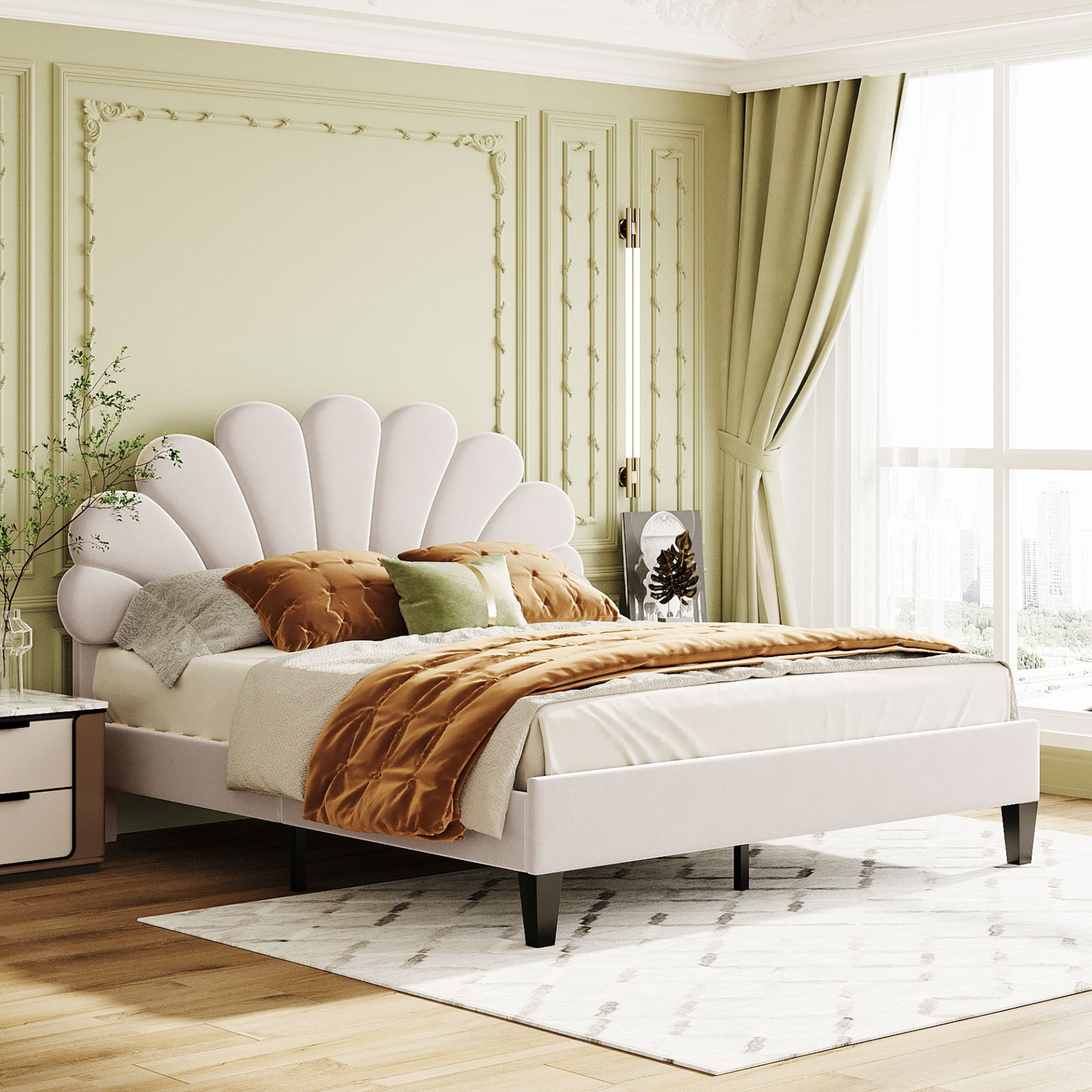 Upholstered platform bed with a flower pattern velvet headboard, showcasing elegant furniture design in a modern bedroom setting.