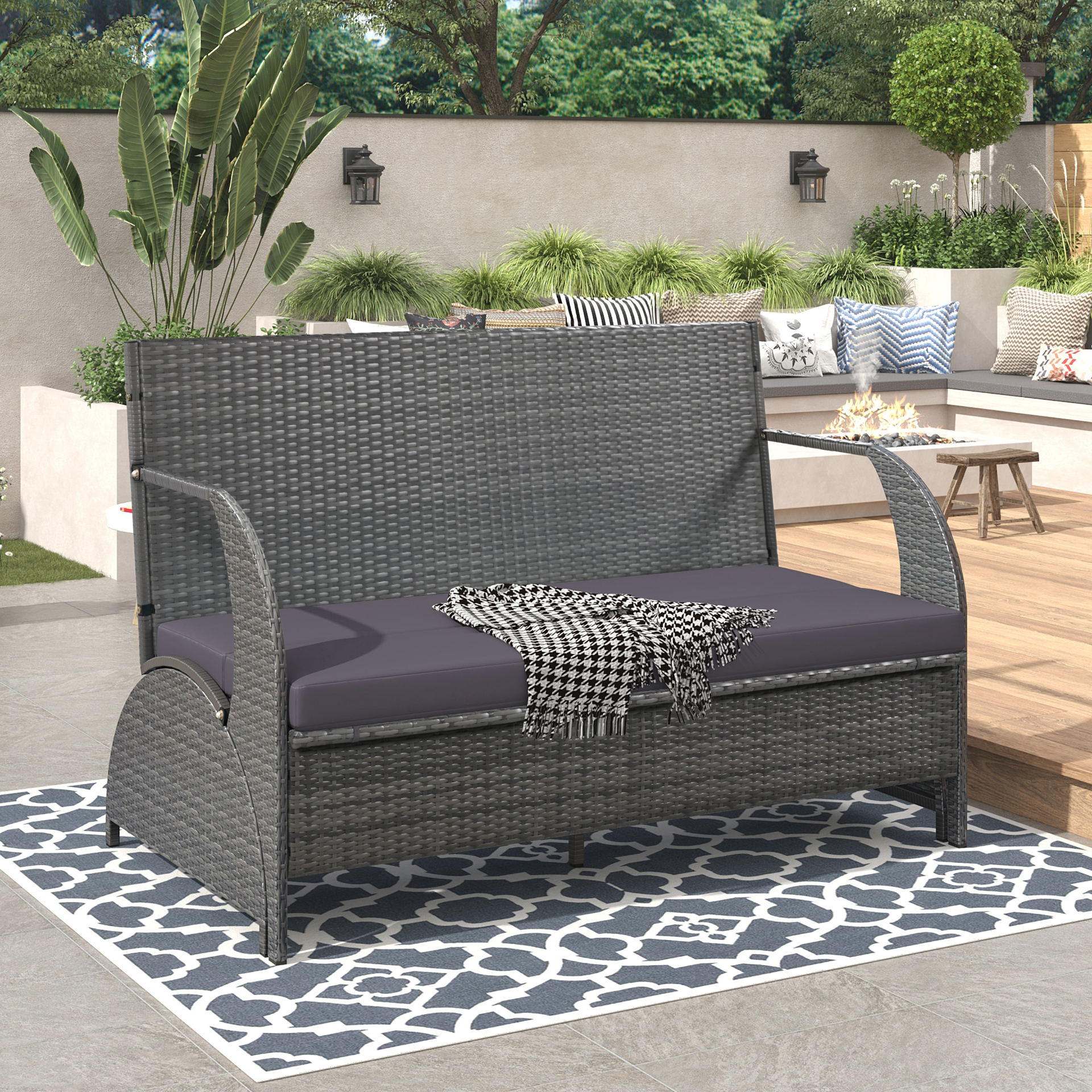 Start2Finish outdoor loveseat convertible to four seats with table, ideal for garden and lawn relaxation and outdoor entertaining.